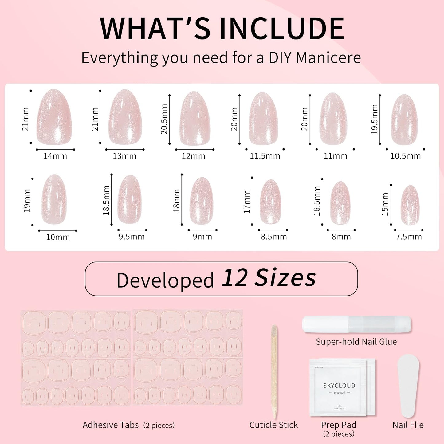 Almond Cat Eyes Press On Nails,12 Sizes - 24 Pcs Soft Gel White Medium Fake Nails Kit with Nail Glue, Natural Reusable Stick On False Nails for Women and Girls (Skycloud Moonlight) SK0764