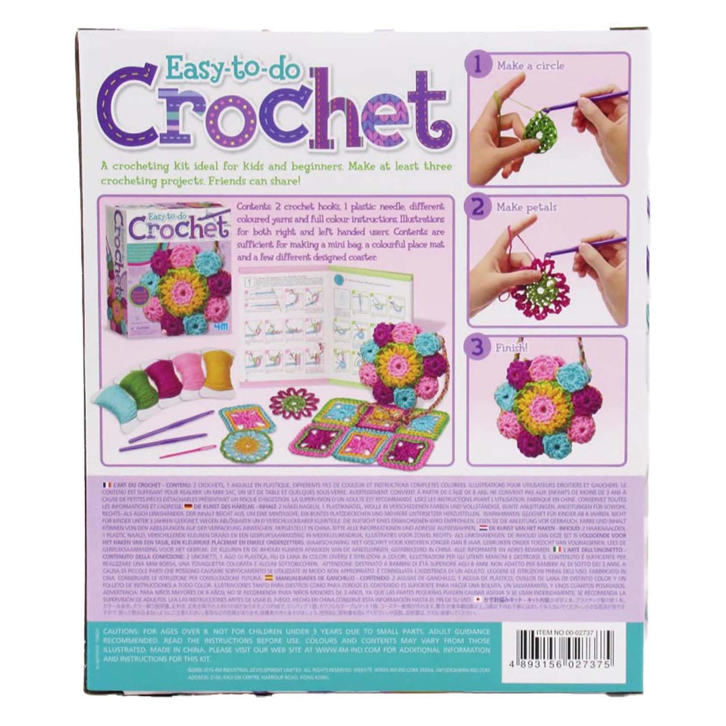 4M: Easy-to-Do Crochet - DIY Knitting Craft Kit, Learn 3 Yarn Work Projects, Create Coasters-Mini Bag-Placemat, All-in-1 Set, Beginners & Kids Ages 8+