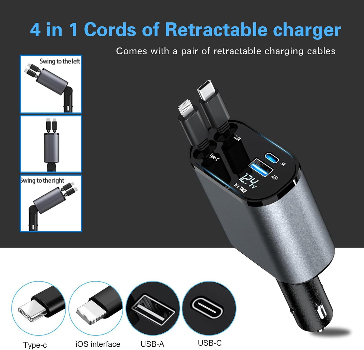 Retractable Car Charger, 66W 4 in 1 Super Fast Charging Car Phone Charger with 2 Retractable 31.5 Inch Cables and 2 USB Ports for iPhone 15/14/13/12/11, Galaxy, Pixel（S）