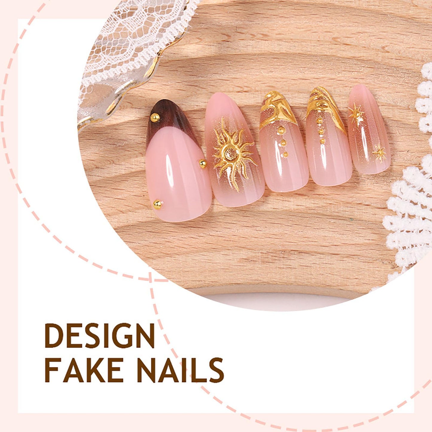 RUOKEXIN Almond Press on Nails Medium Fake Nails French Tip False Nails with Gold 3D Designs Pink Nail Press ons Sparkly Artificial Nails for Women 24Pcs