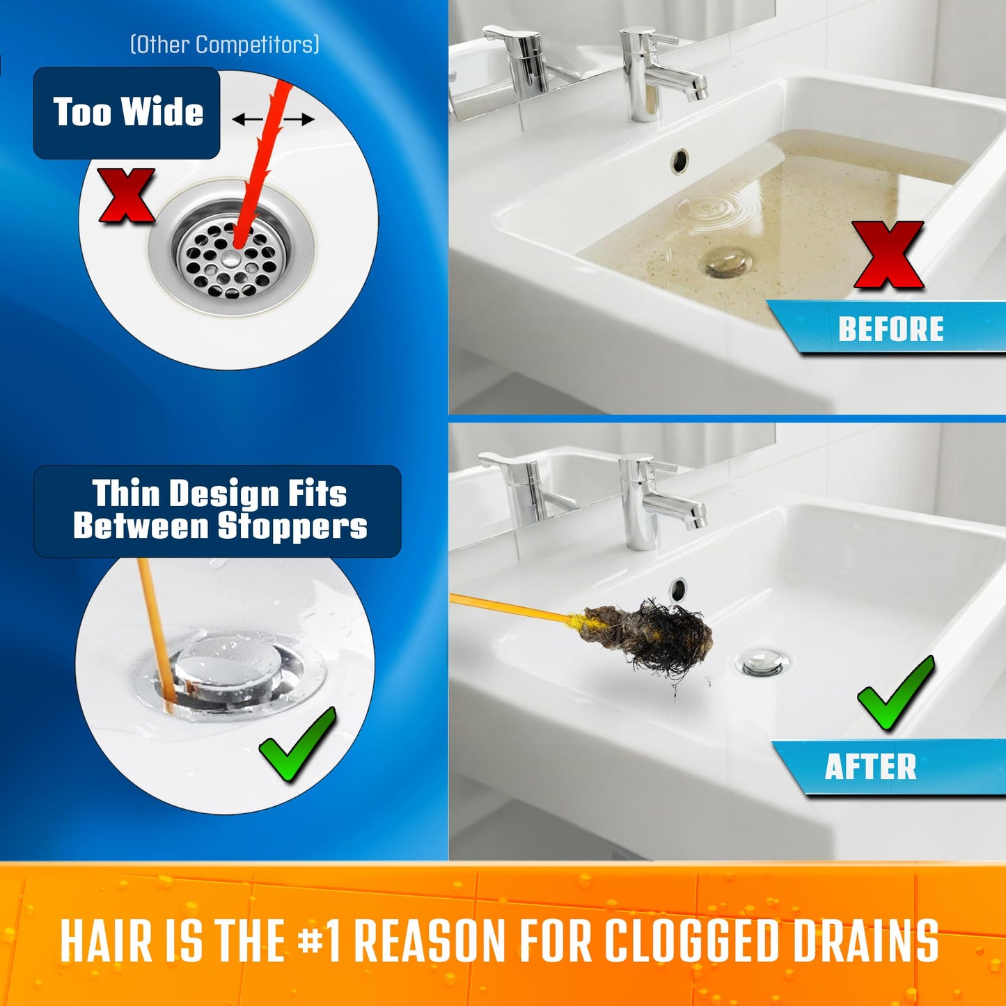 FlexiSnake Drain Weasel Sink Snake Hair Clog Remover Tool, Sink, Pipe, Bathroom, Bathtub Drain Cleaner, 18-inch Long, Flexible, Made in The USA, 10 Pack Wand Refills and Removable Handle