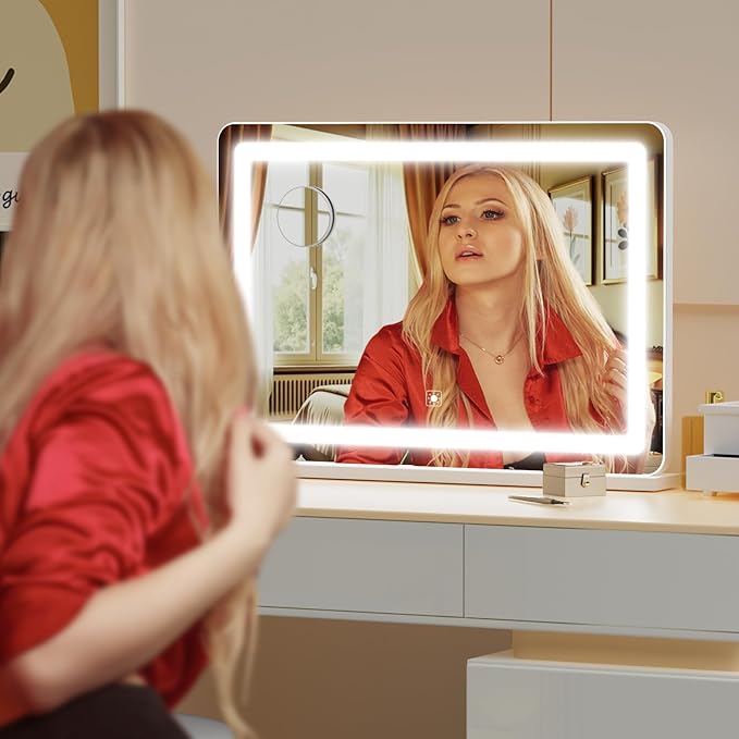 Makeup Vanity Mirror with USB Charging Port 24" x 19" Large LED Makeup Mirror, Desk Mirorr with Lights, Light up Mirror with 10X Magnification and, Dimmable 3 Modes, Touch Control White
