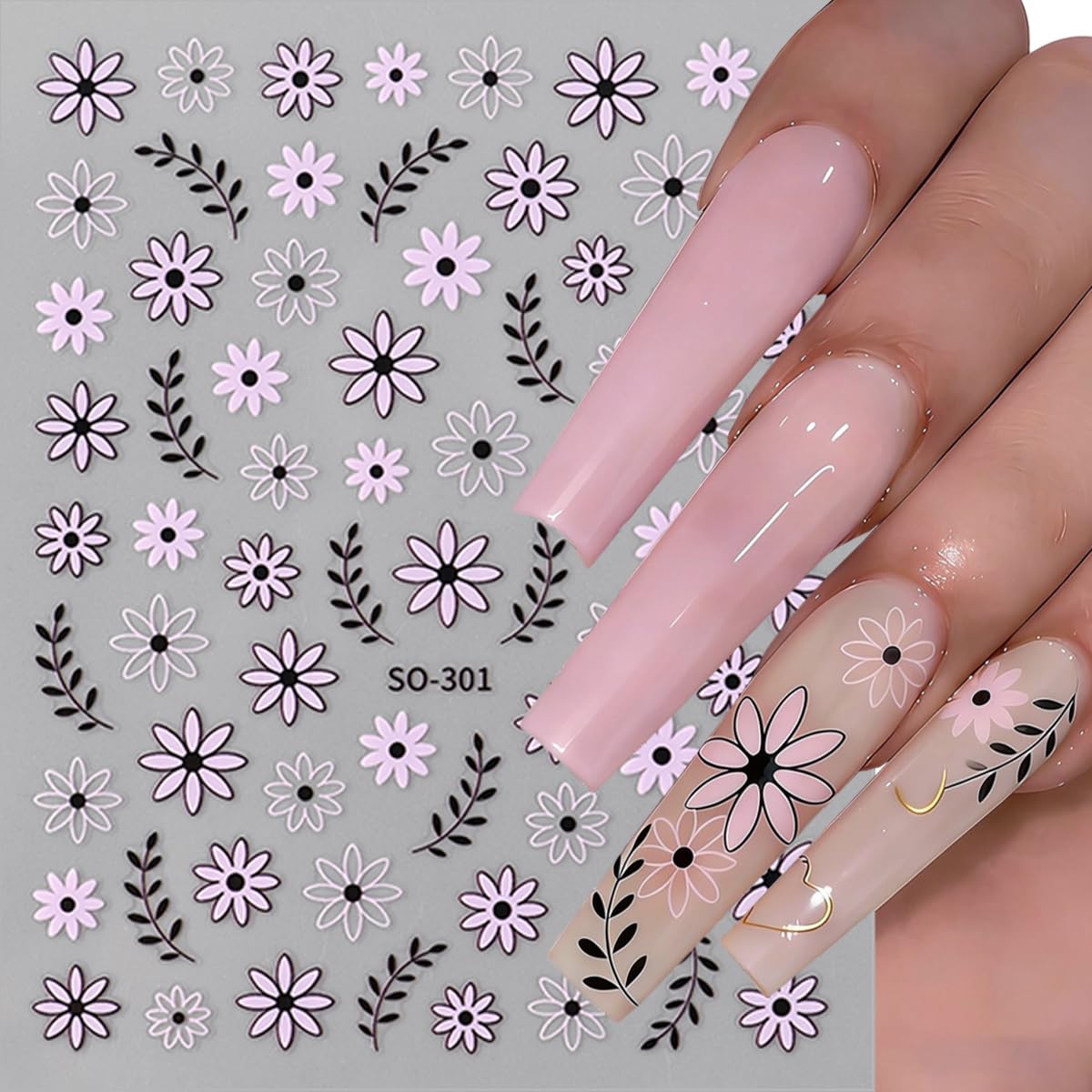 Black White Daisy Flowers Nail Stickers 3D Self Adhesive Purple Floral Nail Art Stickers Spring Cute Little Daisy Flower Nail Decals for Women Spring Summer DIY Nail Decor (6 Sheets)