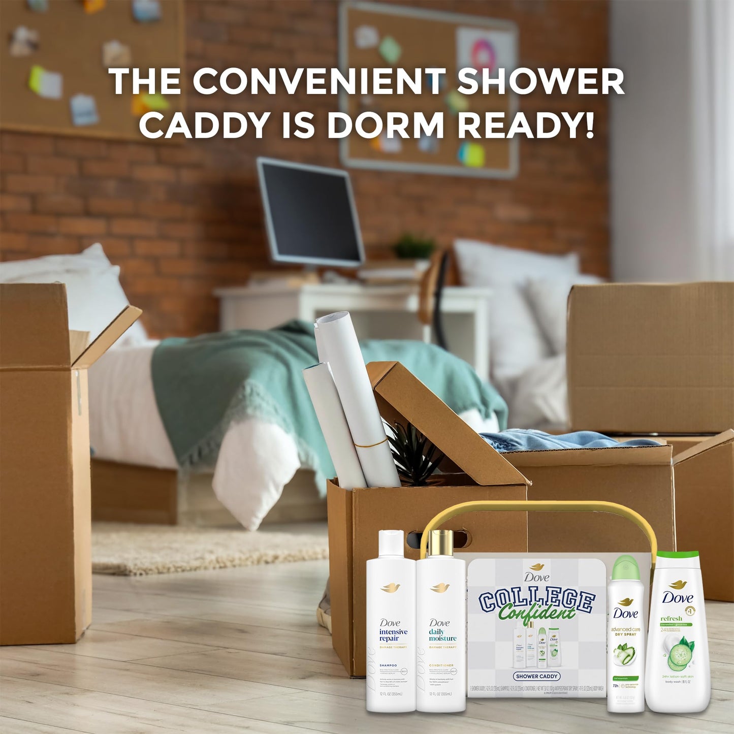 Dove Shower Caddy College Confident Gift Set – Cucumber & Green Tea Body Wash, Intensive Repair Shampoo, Daily Moisture Conditioner, Cool Essentials Deodorant for Women (5 Piece Set)
