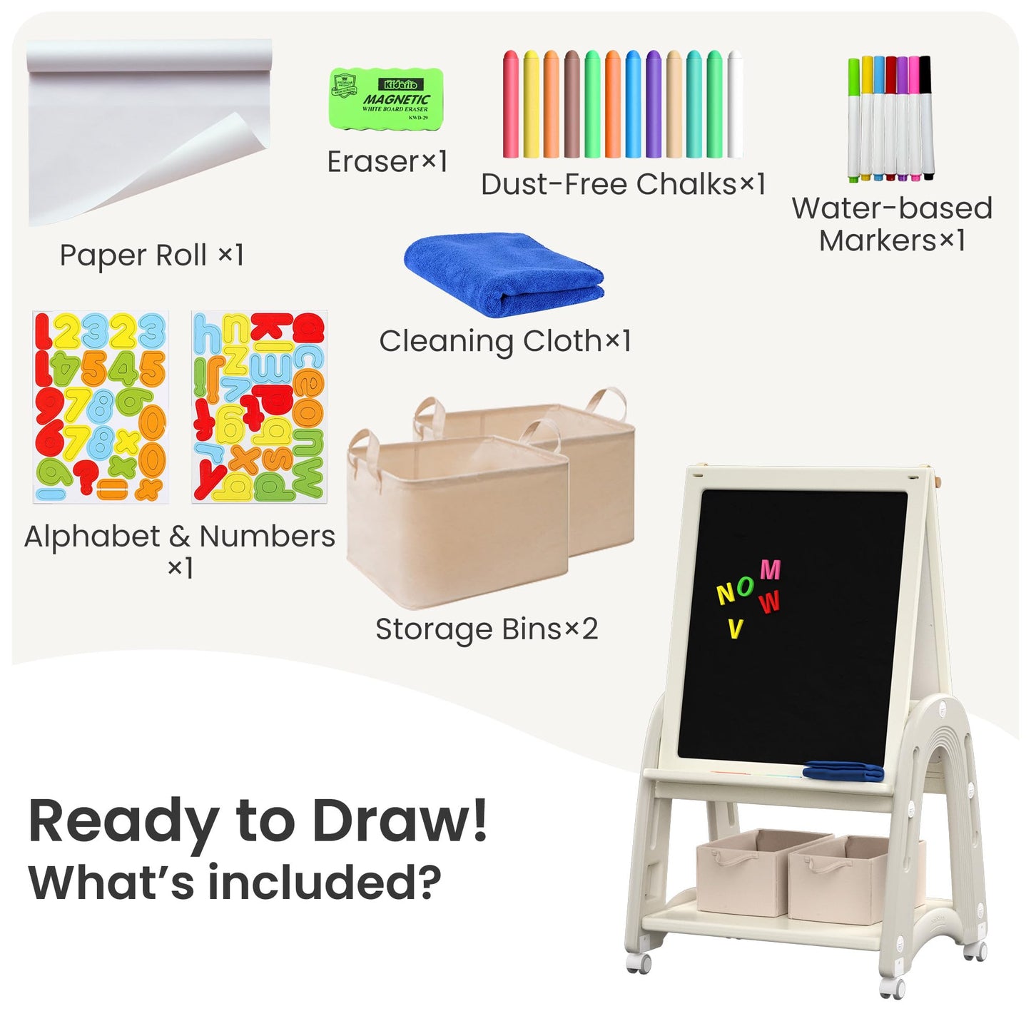hoopyosms Art Easel for Kids 2-4 with Wheels, Whiteboard, Chalkboard & Paper Roll Adjustable Height 3-in-1 Toddler Easel for 2-4 Year Old Painting Easel for Kids with Storage & Accessories, Grey