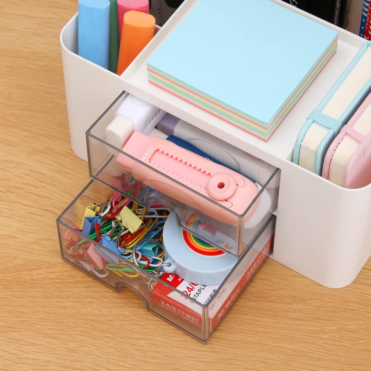 Desk Organizer with 2 Drawer, Plastic Desktop Pen Pencil Card Holder Storage Box for Desk, Office Supplies, Vanity Table Office School Home (White)