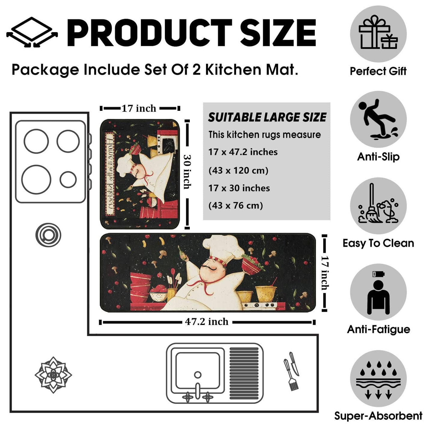 OUXIOAZ 2 PCS Kitchen Rugs and Mats Washable Non Skid, Soft Super Absorbent Fat Chef Kitchen Mat for Doormat Bathroom Runner Set (17"x47"+17"x30",Fat Chef)