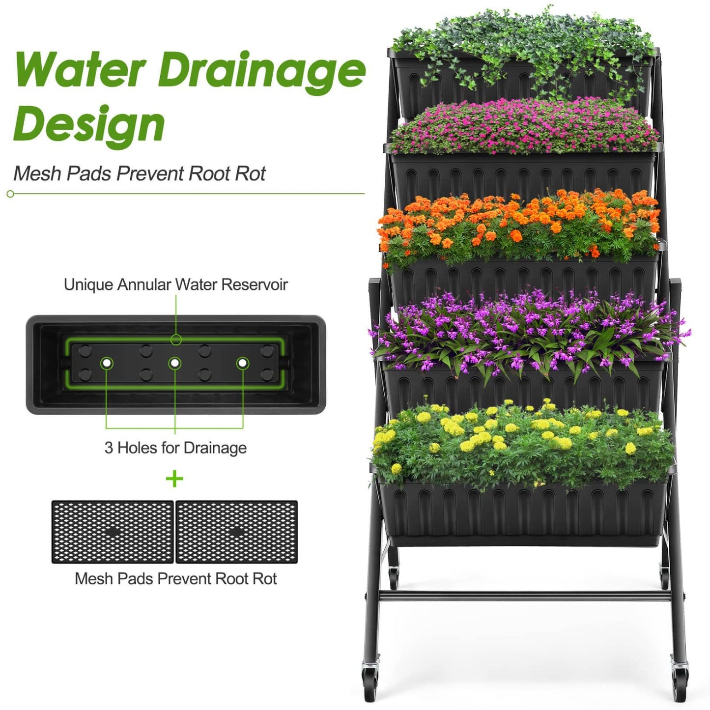 SEJOV 4FT Vertical Raised Garden Bed, 5-Tier Vertical Garden Planter with Drainage System, Larger Elevated Planter Box for Herb Vegetables Flowers Indoor Outdoor Planters (Black with Lockable Wheels)