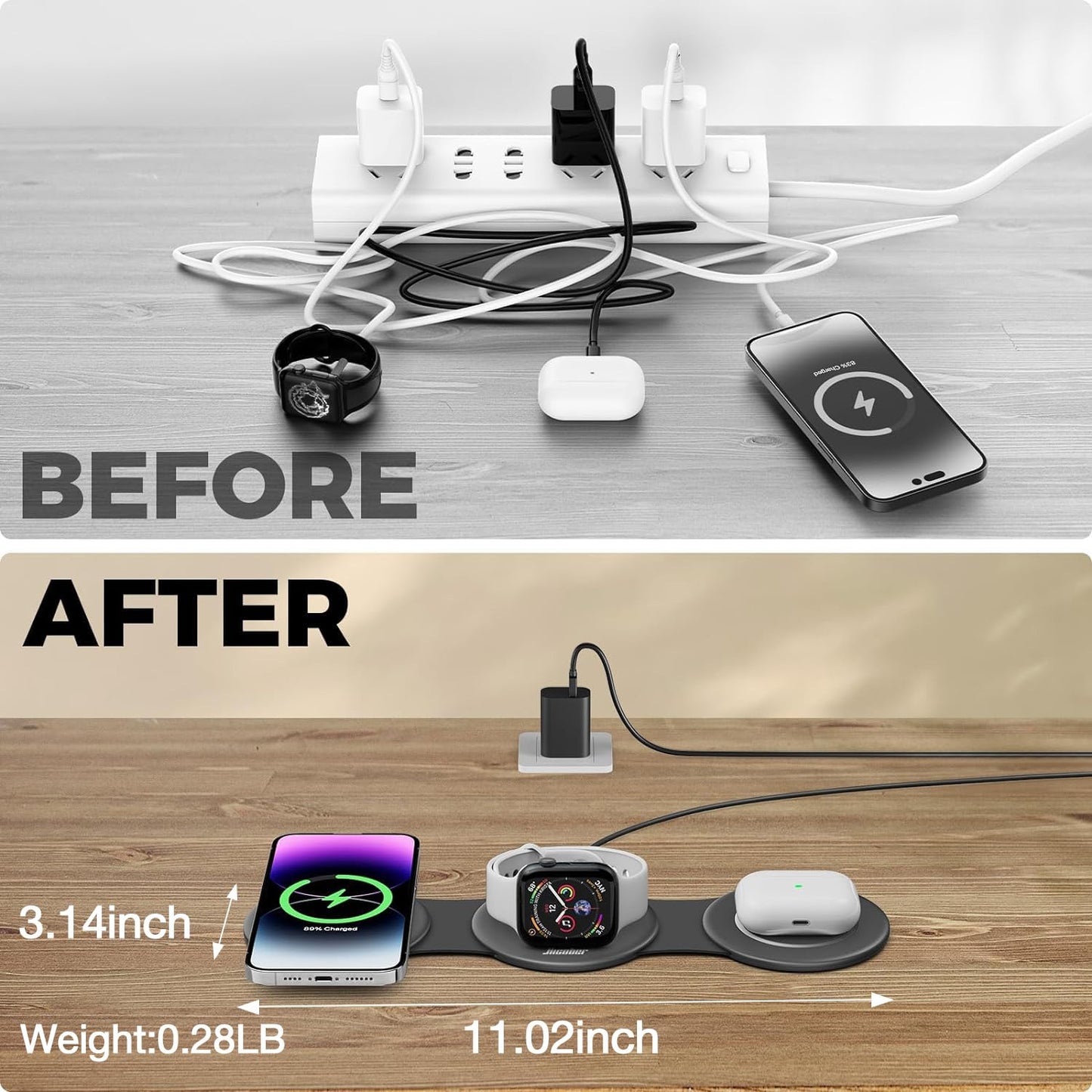 HICOBER 3 in 1 Charging Station for Multiple Apple Devices, Compatible with iPhone 17/16/15/14/13, Apple Watch & AirPods, Foldable Fast Wireless Charger & Travel Charger for Home/Office/Trips