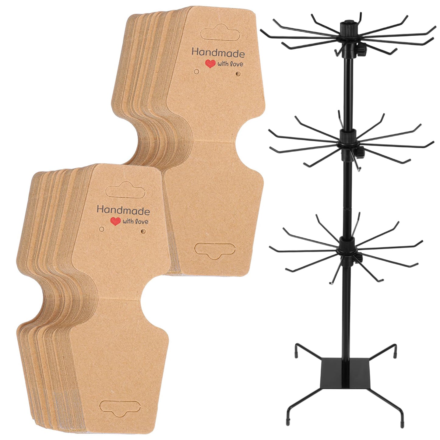 COMNICO Rotating Jewelry Display Stand with 200 Pcs Bracelet Display Cards, 3 Tier Metal Adjustable Jewelry Displays Rack with Hooks for Necklace Earrings Key Rings Hats Socks