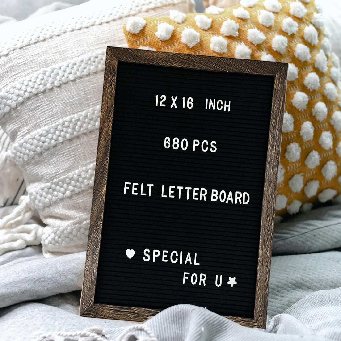 Felt Letter Board 12x16" – 680 Letters, Numbers & Symbols, Wall Mount or Stand Display, Changeable Message Board for Quotes & Notes, Home/School/Office/Hotel/Restaurant/ Coffee Shop, 1 Storage Bags, Dark Brown Wood Frame