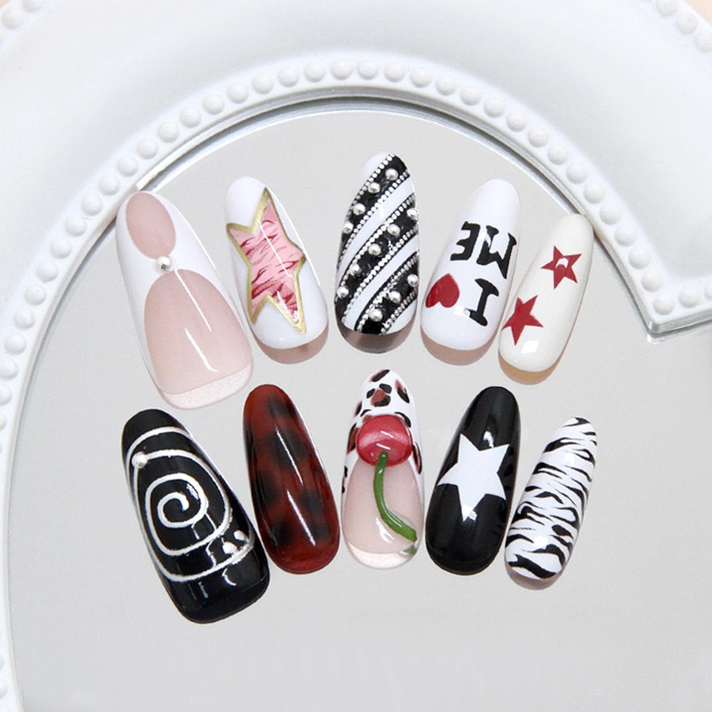 30Pcs Medium Almond Press on Nails Leopard French Fake Nails Heart Cherry False Nails Zebra Stripes Acrylic Stick on Nails Black Stripe Full Cover Y2K Star Glossy Gel Artificial Glue on Nail for Women