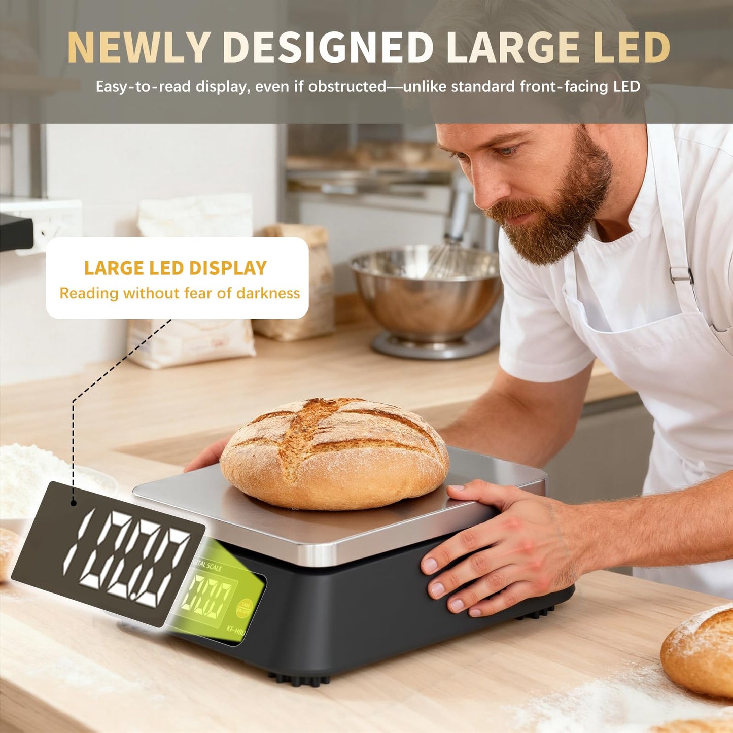 Kitchen Scales Digital Weight Grams and Ounces, YONCON KF-H8U Food Scale for Bakers, Candle and Soap Making, Baking Scale with Stainless Steel Large Platform, 22lb, 3*AA Batteries and AC Power Adapter
