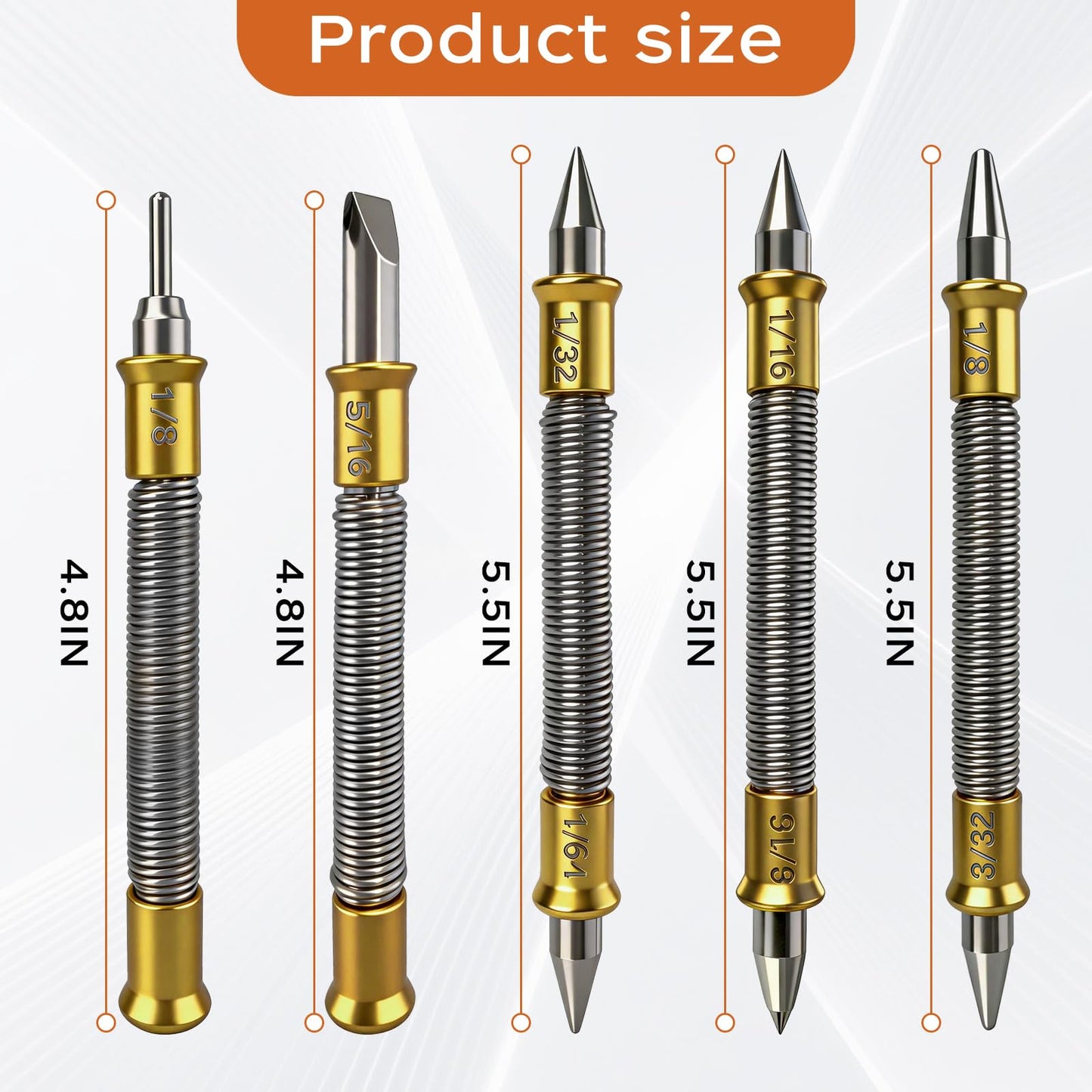 5 Pcs Nail Setter Punch Set, Dual Head Spring Nail Set & Center Punch Tool, Hinge Pin Removing Punch (1/8"), Cold Chisel (5/16"), Nail Setter Sizes 1/32", 1/16", 3/32", 1/8", Center Punch 1/8", 3/16"