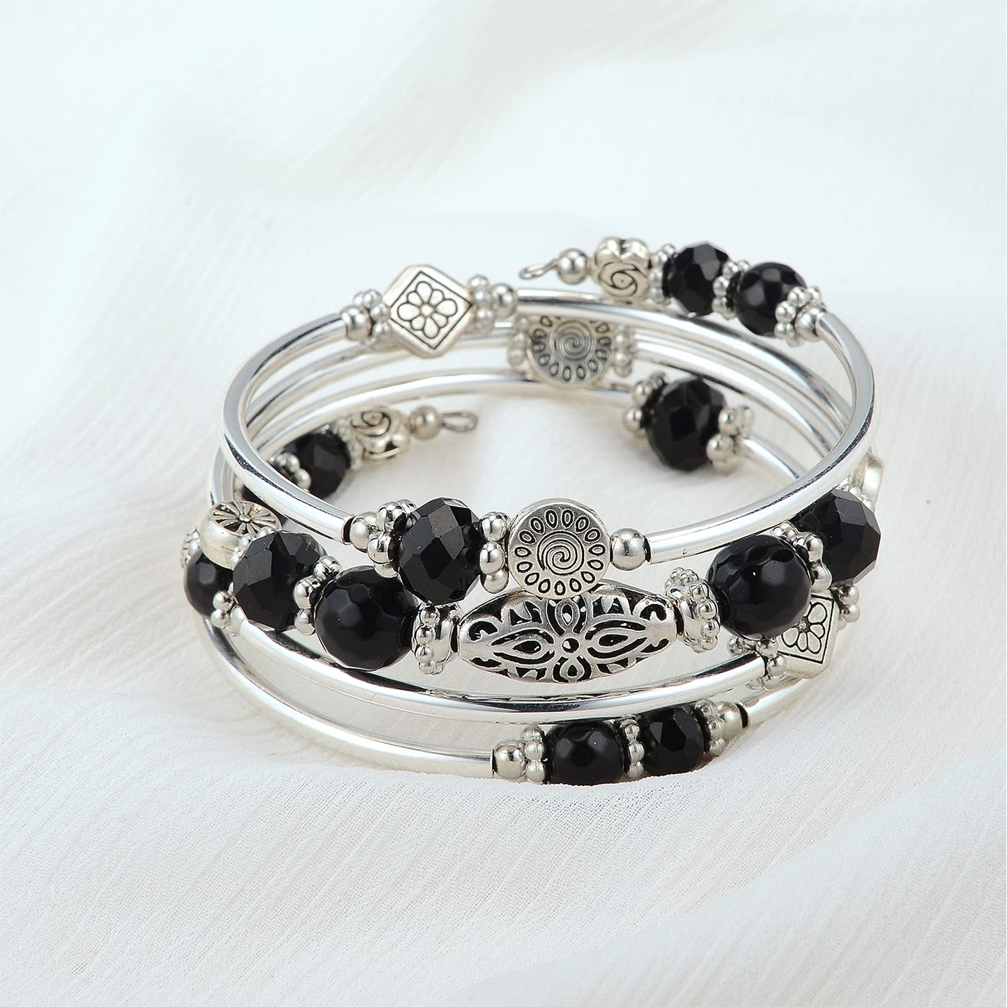FULU AUTUMN Stackable Beaded Bracelets for Women Boho Wrap Silver Bracelet Layered Fashion Jewelry Gifts for Her(Black)