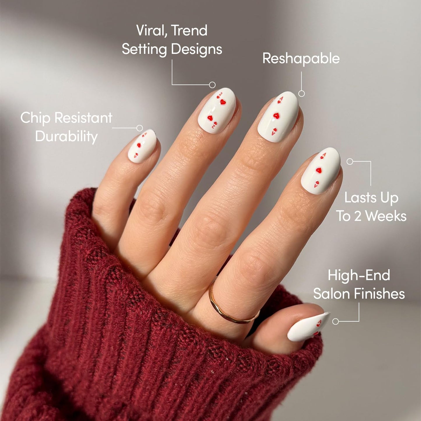 Glamnetic Press On Nails - Ace of Hearts | Short Oval Fake Nails in White Solid Base with Raised Ace of Hearts Graphics in a Glossy Finish | 15 Sizes - 30 Nail Kit with Glue