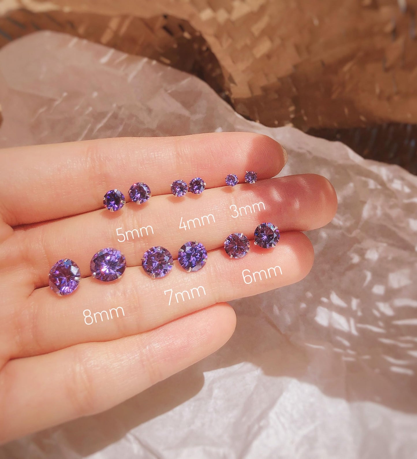 6 Pairs Stud Earrings Set, Hypoallergenic Cubic Zirconia Earrings 316L Stainless Steel CZ Earrings 3-8mm (Purple CZ)