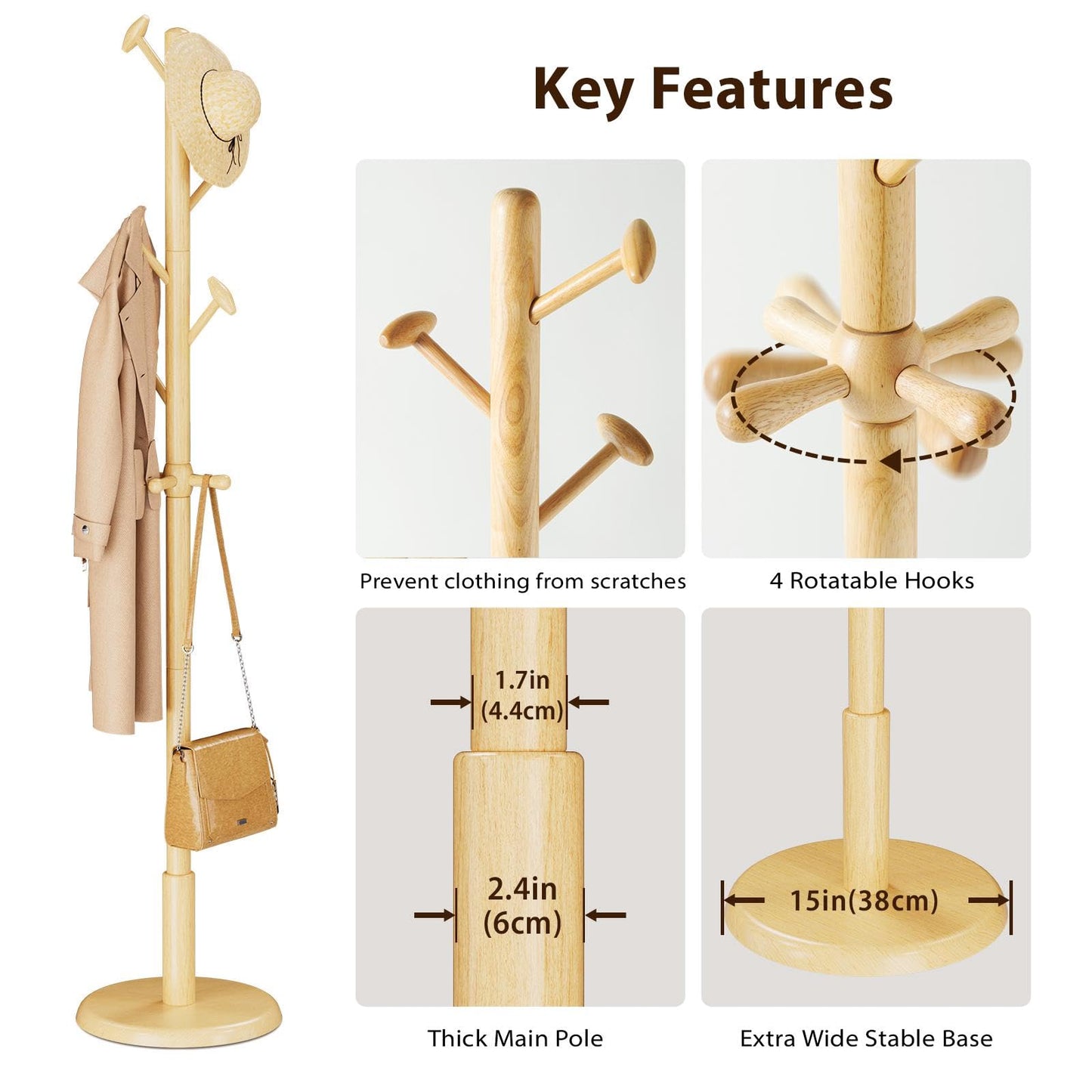 Taitiy Solid Wood Coat Rack Freestanding Coat Tree with 10 Hooks for Bedroom, Livingroom, Entryway, Sturdy Coat Hanger Stand for Hats, Coats, Scarves, Handbags, Purses