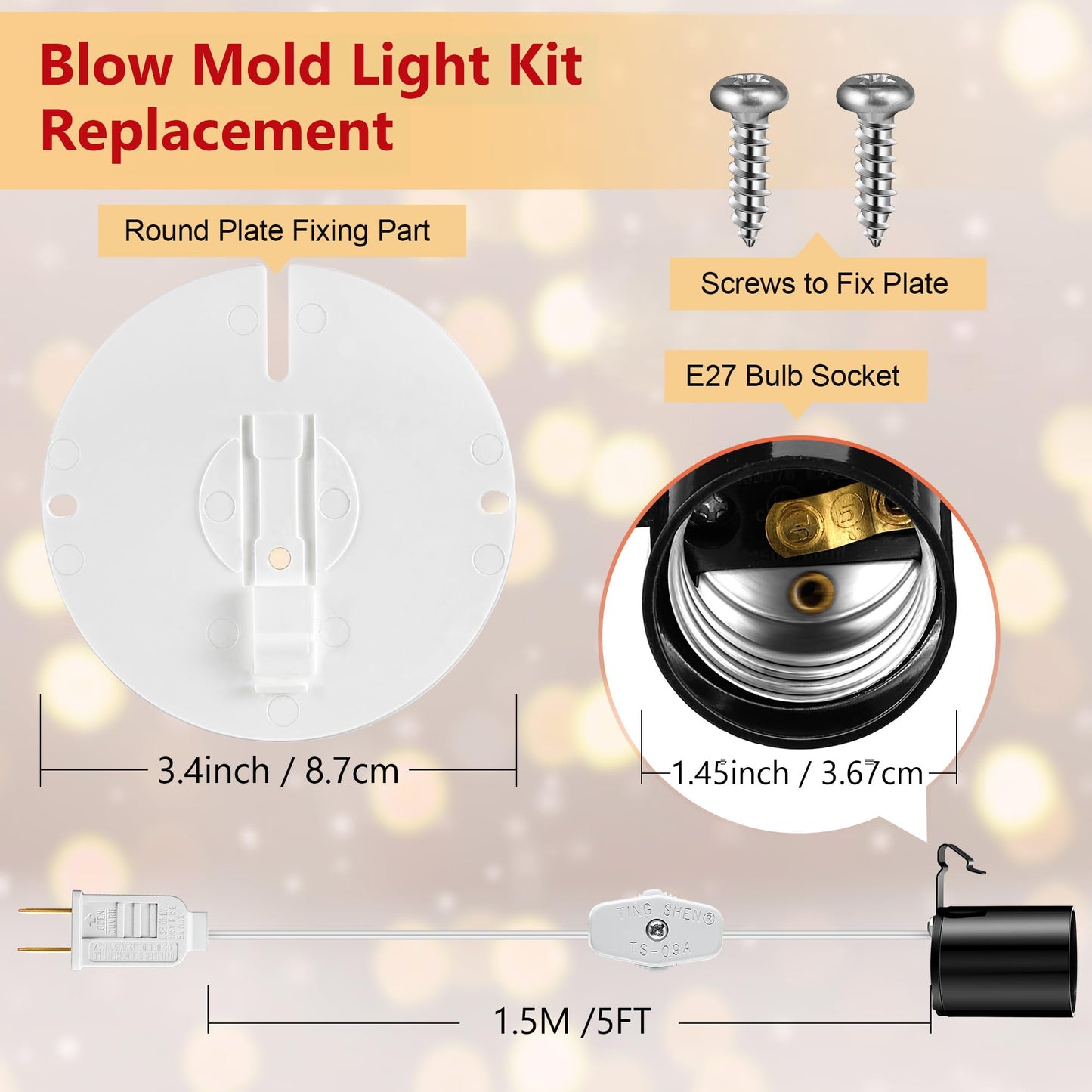 Meonum Blow Mold Light Kit Replacement, E27 E26 Single Light Cord Kit with Switch Fuse Plug, for Indoor Outdoor Halloween Christmas Village House Craft Decorations and Salt Lamp (1 Set)