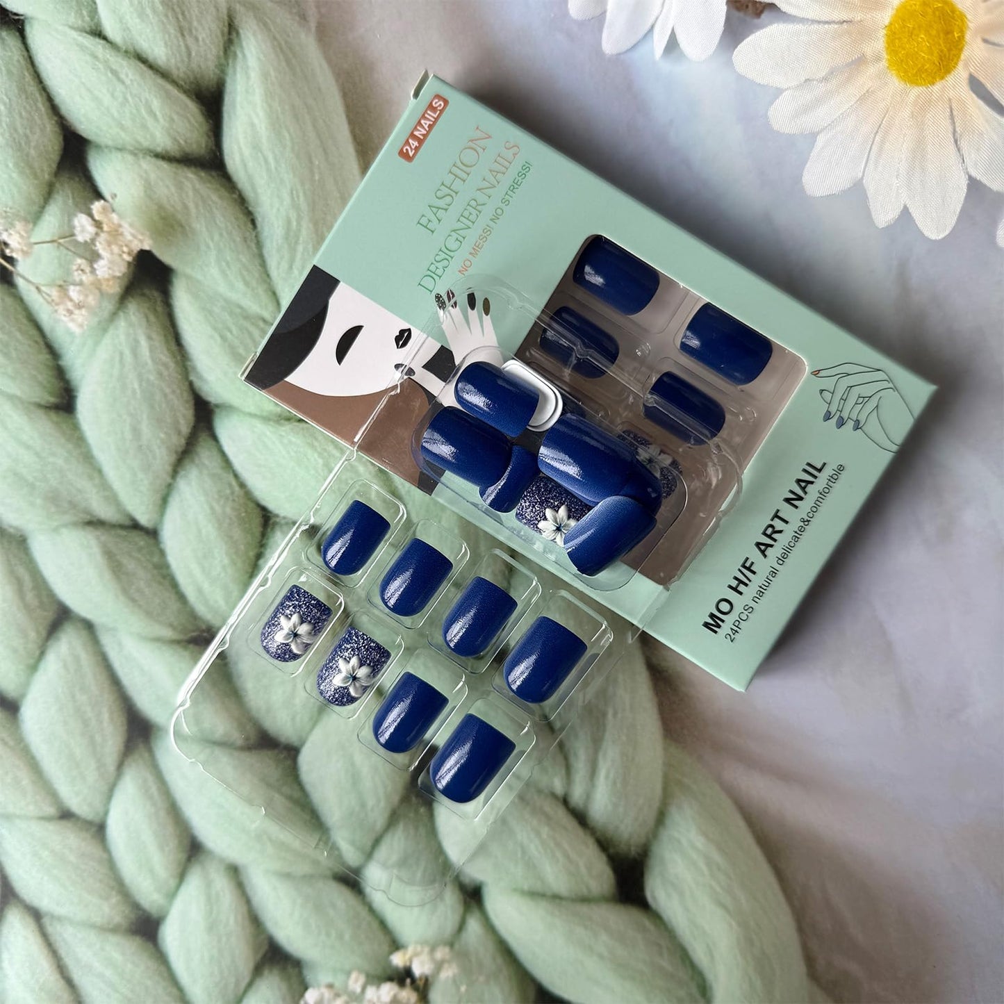 Navy Blue Press on Nails with 3D Flower Designs Short Square Fake Nails 24Pcs White Floral Press on False Nails Glossy Artificial Glue on Nail Reusable Stick on Fingernails for Women
