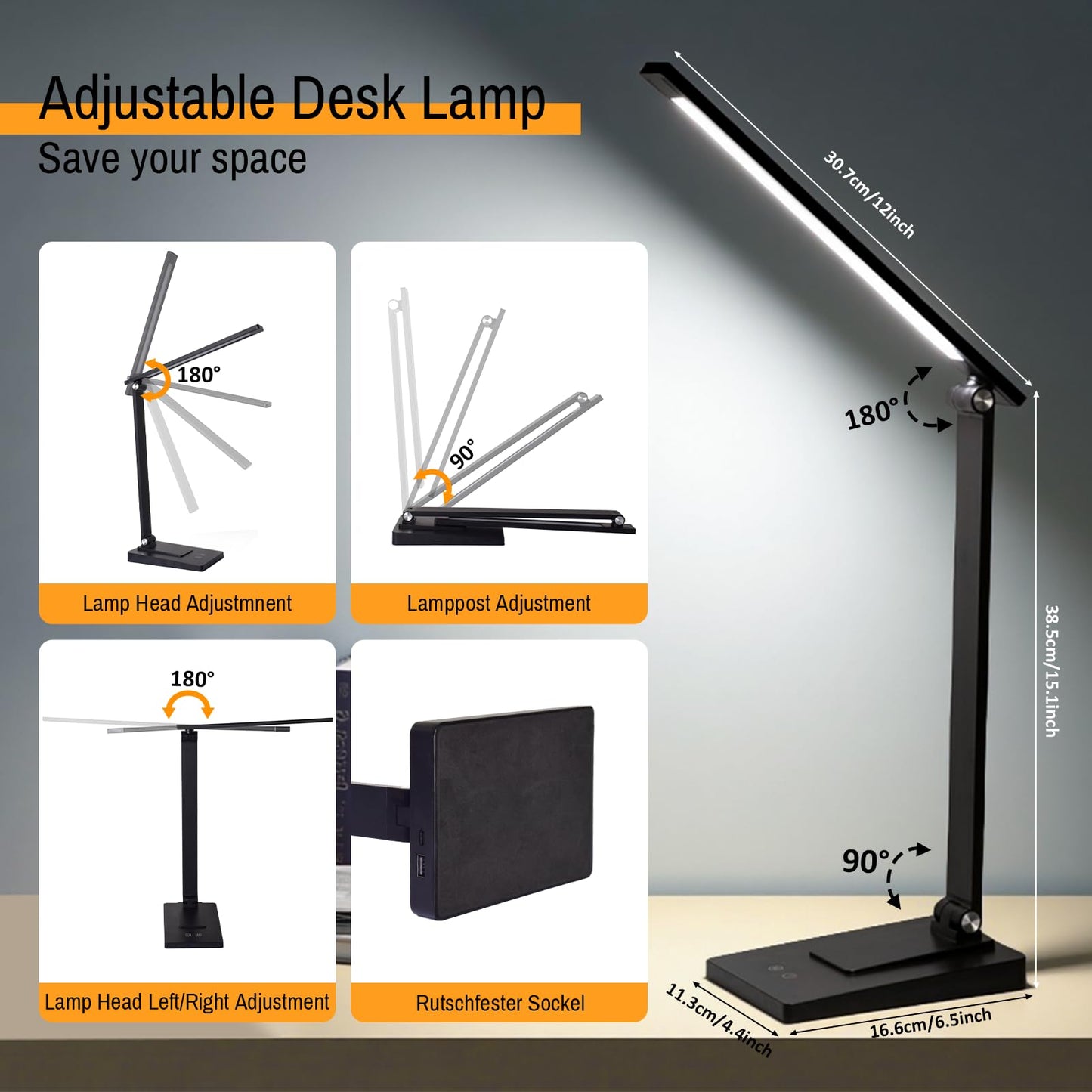 ErayLife Rechargeable LED Desk Lamp, 800LM 2600mAh Reading Table Lamp, 5 Color Modes 5 Brightness Touch LED Desk Lamps, Bedside Lamp with USB Charging Port for Study Home Office Nail, Black