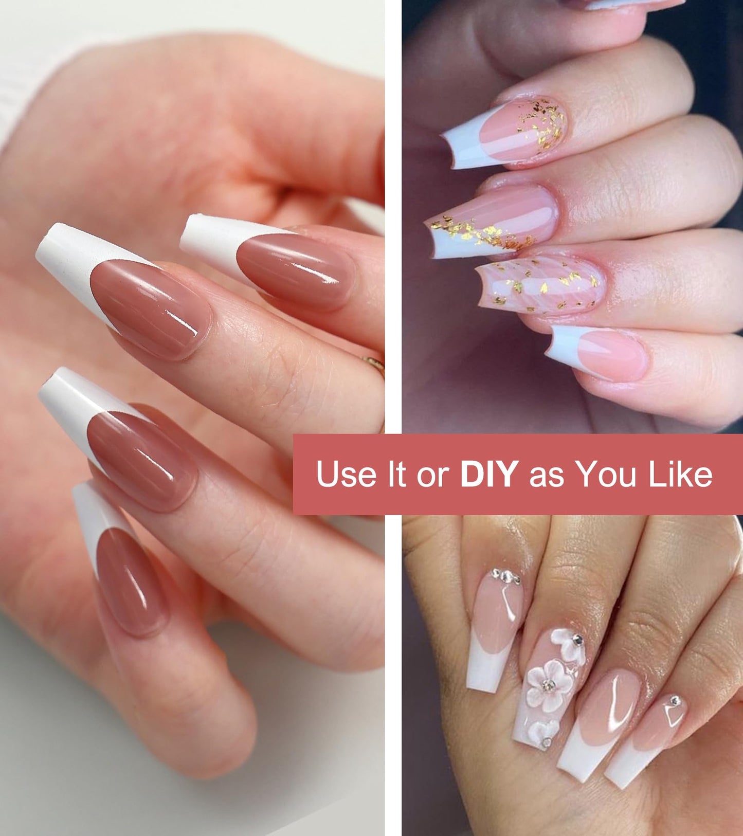 Morily Pink White French Tip Press on Nails - 30Pcs Thicker Fake Nails with Design, Full Cover Long Coffin False Nails Reusable Acrylic Stick on Nails in 15 Sizes, Include Glass File