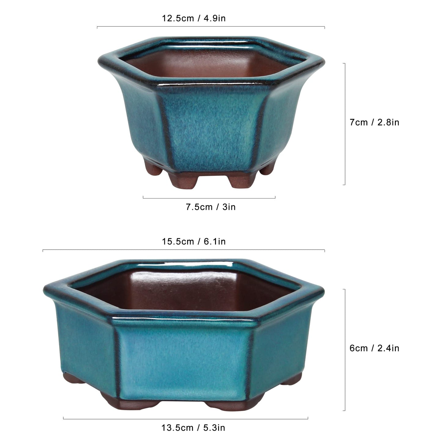 Bonsai Planter 2pc Small Succulent Glazed Pots 4.9" and 6.1" + 6 Soft Mesh Drainage Screens