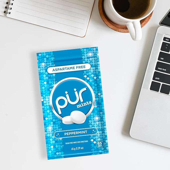 PUR Mints | Aspartame Free Breath Mints | Made with Xylitol | Sugar Free, Vegan, Gluten Free | Natural Peppermint Flavor | 65 Pieces in Re-Sealable pouch (Pack of 3)