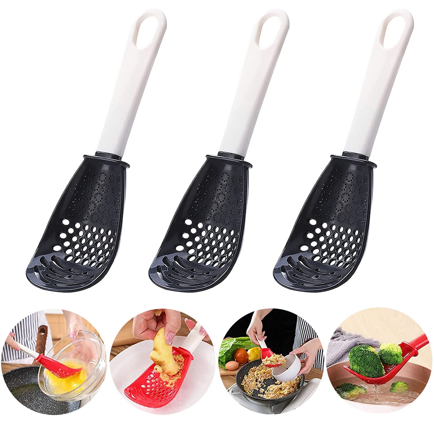6in1 Multifunctional Kitchen Cooking Spoon- Kitchen Gadgets Strainers for egg yolk Separator- Grater Masher- Colander Skimmer Scoop- for Mashing, Grating, Draining, Heat Resistant (3Pcs black)