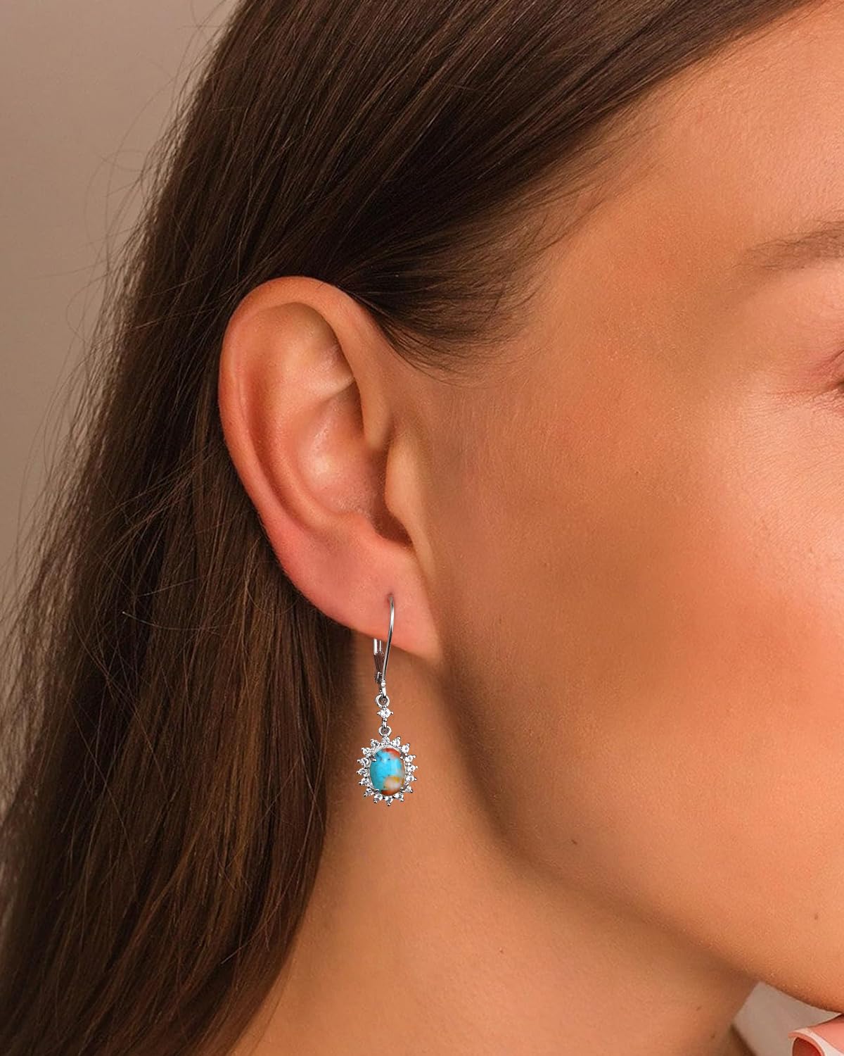 AIBAO Orange Turquoise Dangle Earrings Western Jewelry for Women Oval Cut Gemstone Snowflake Dangling Earrings Sterling Silver Turquoise Earrings