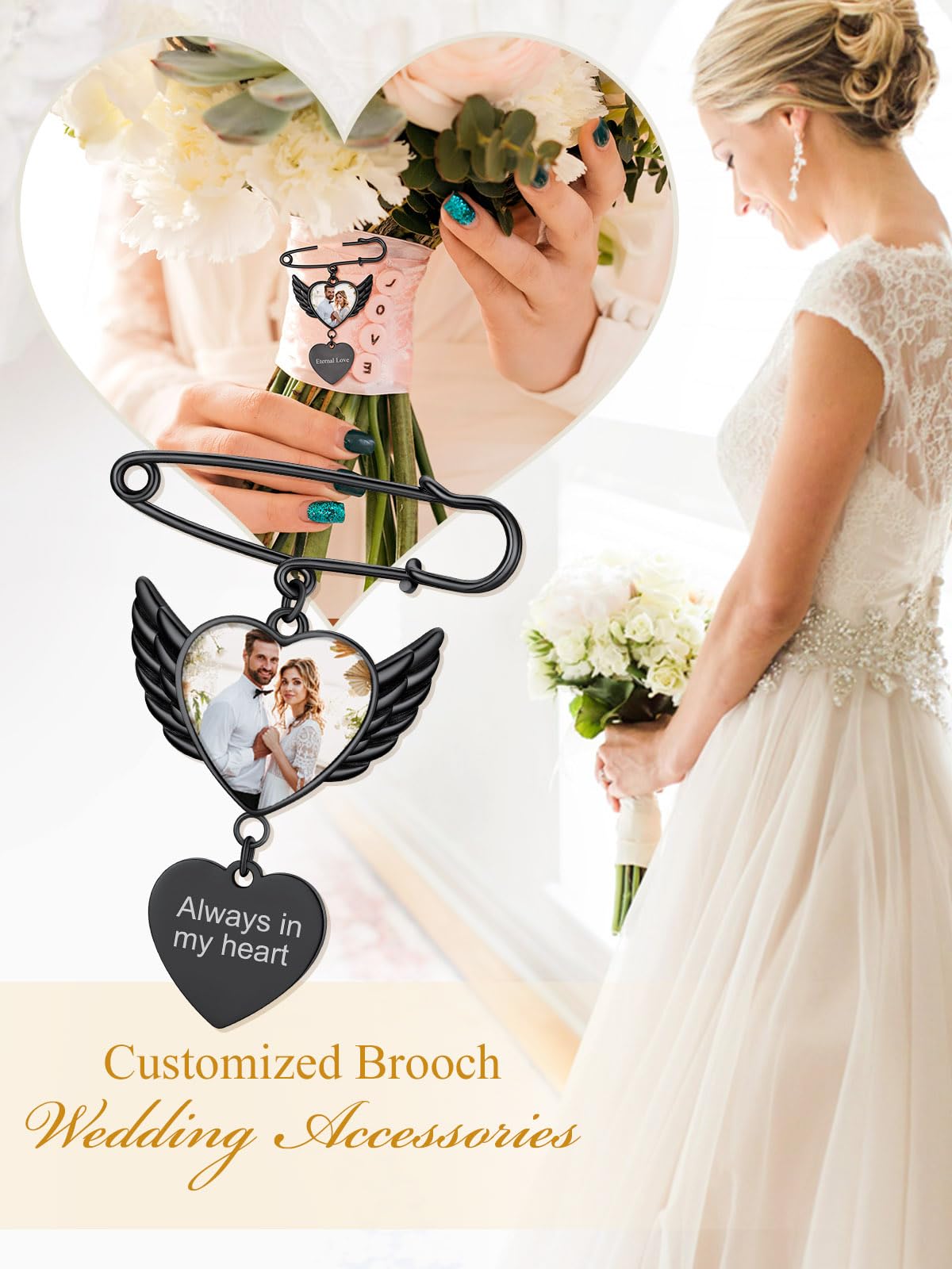 Custom4U Wedding Charms for Bouquet Custom Pictures Customized Photo Pins Heart Shaped Memory Charms Funeral Boutonniere