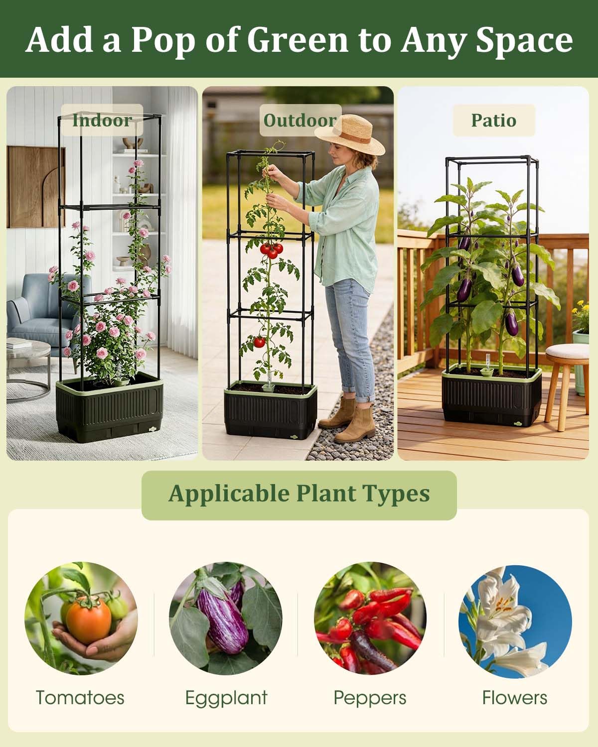 MQJIAZHI Self Watering Tomato Planter with Trellis, Rectangular Tomato Cages Trellis for Raised Garden Bed, Tomato Planters Box for Garden Pots Patio Indoor Outdoor (Rectangular, 2PC)