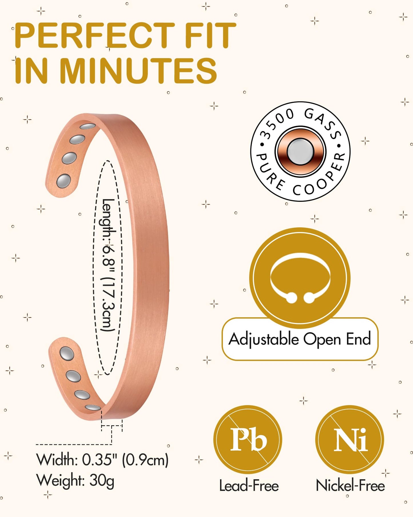 Feraco Copper Magnetic Bracelet for Men Women, 99.99% Pure Copper Cuff Bangle with 11X Effective Neodymium Magnets, Adjustable Jewelry Gifts (Set of 2)