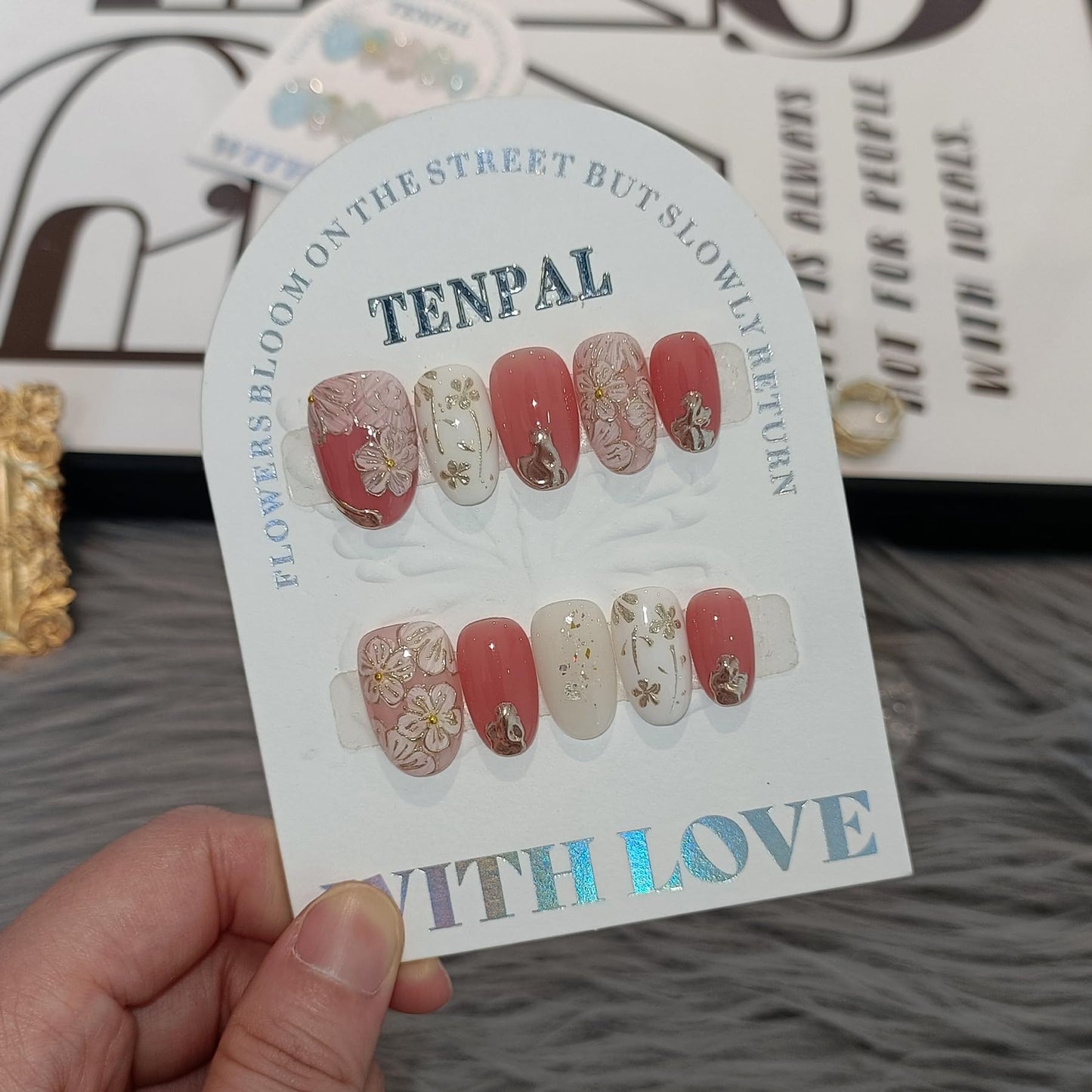 TENPAL Short Oval Press on Nails,Peach Yogurt Base Glue on Nails,Hand-Painted Cloisonné Florals False Nails Press ons,Artisan Chinese Style Fake Nails Kit,Enamel Wire Inlay Nail Art Tools 10pcs(S)
