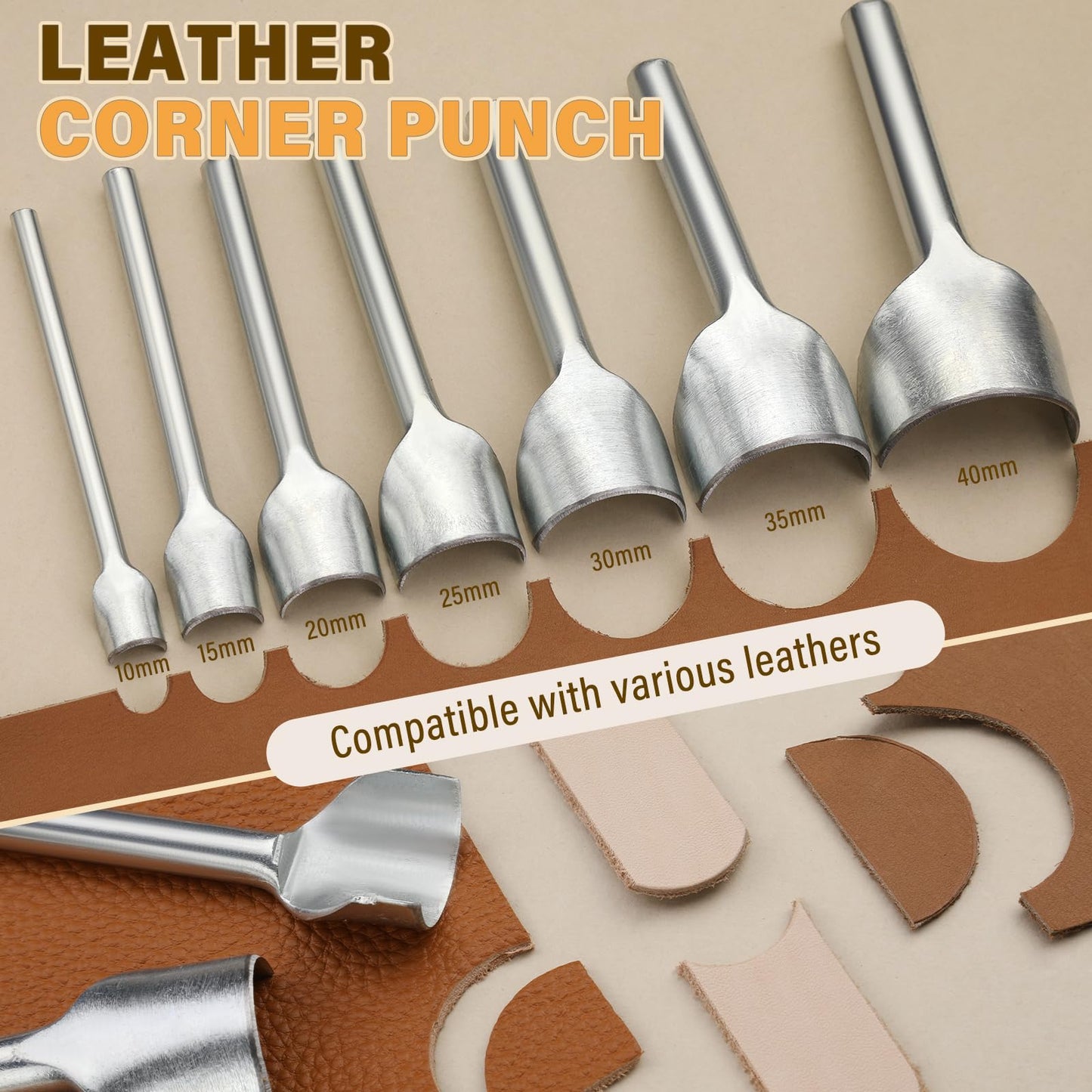 CBHGFEA 7 PCS Leather Corner Punch, Half-Round Cutter Leather Tools, Corner Cutter, 10-40 mm Half Depth Round Cutter Punch Set for Crafting Strap Belt, Wallet, Bag and DIY Leathercraft Projcts