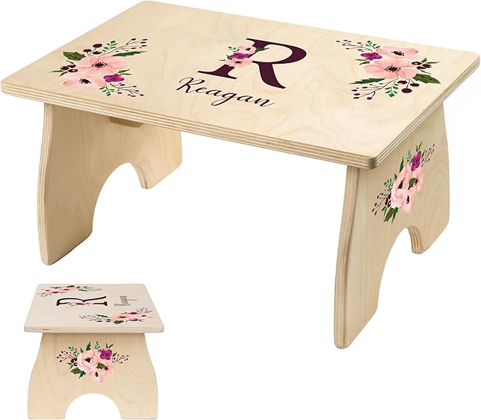 Floral Step Stool for Toddlers- Personalized Wood Kids Step Stool with Name for Kitchen Sink, Bathroom, Potty Training, Toilet, Kitchen Sink- Sturdy and Safe- Made in USA by BloomOwl (Floral- Plum)