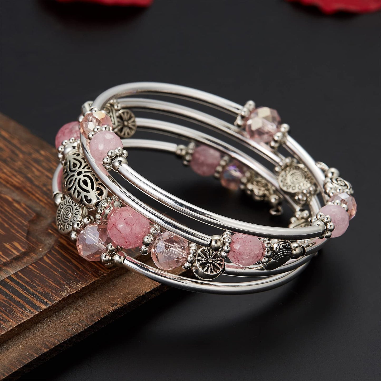 FULU AUTUMN Stackable Beaded Bracelets for Women Boho Wrap Silver Bracelet Layered Fashion Jewelry Gifts for Her(Pink)