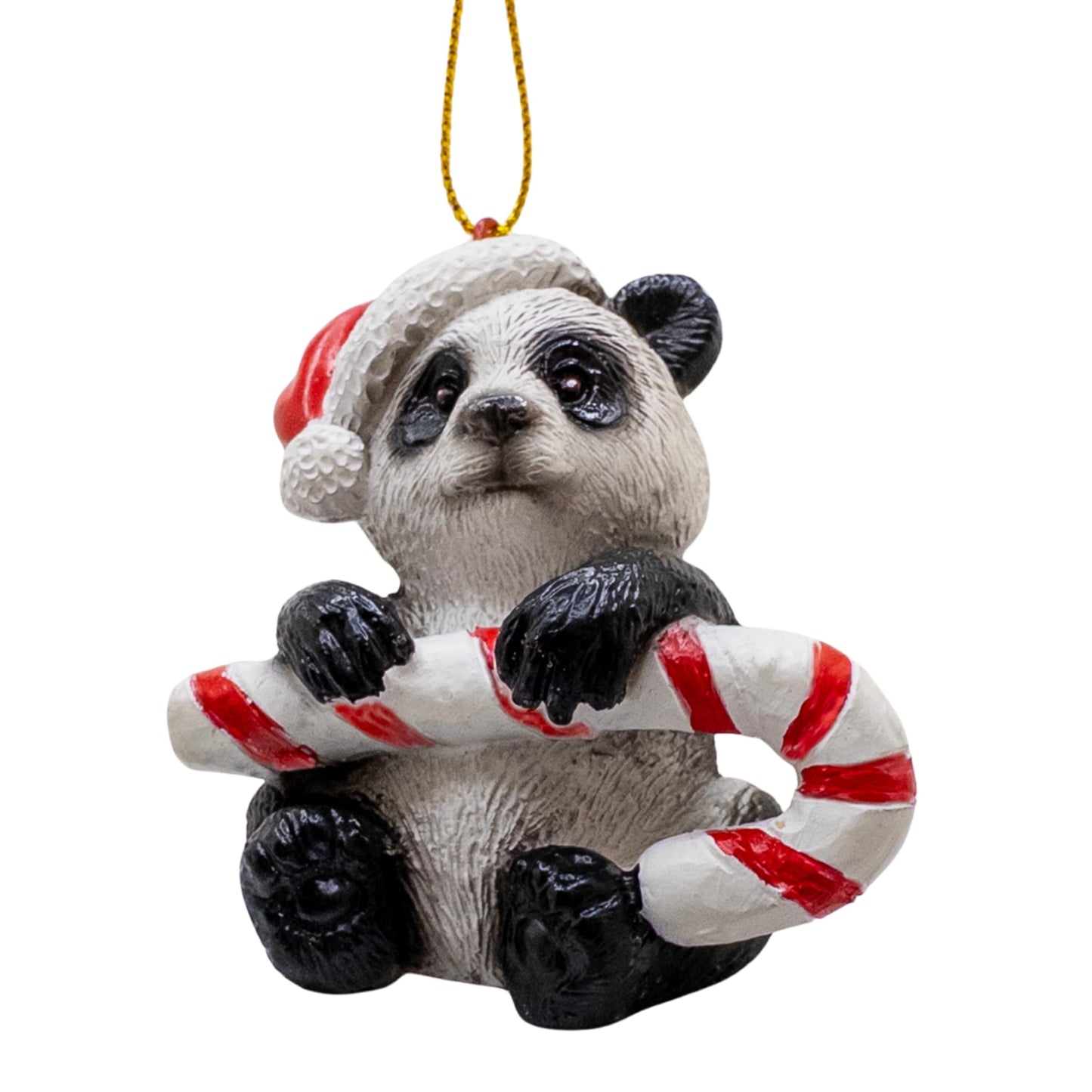 Panda Bear Holding Candy Cane Wearing Santa Hat Christmas Tree Ornament