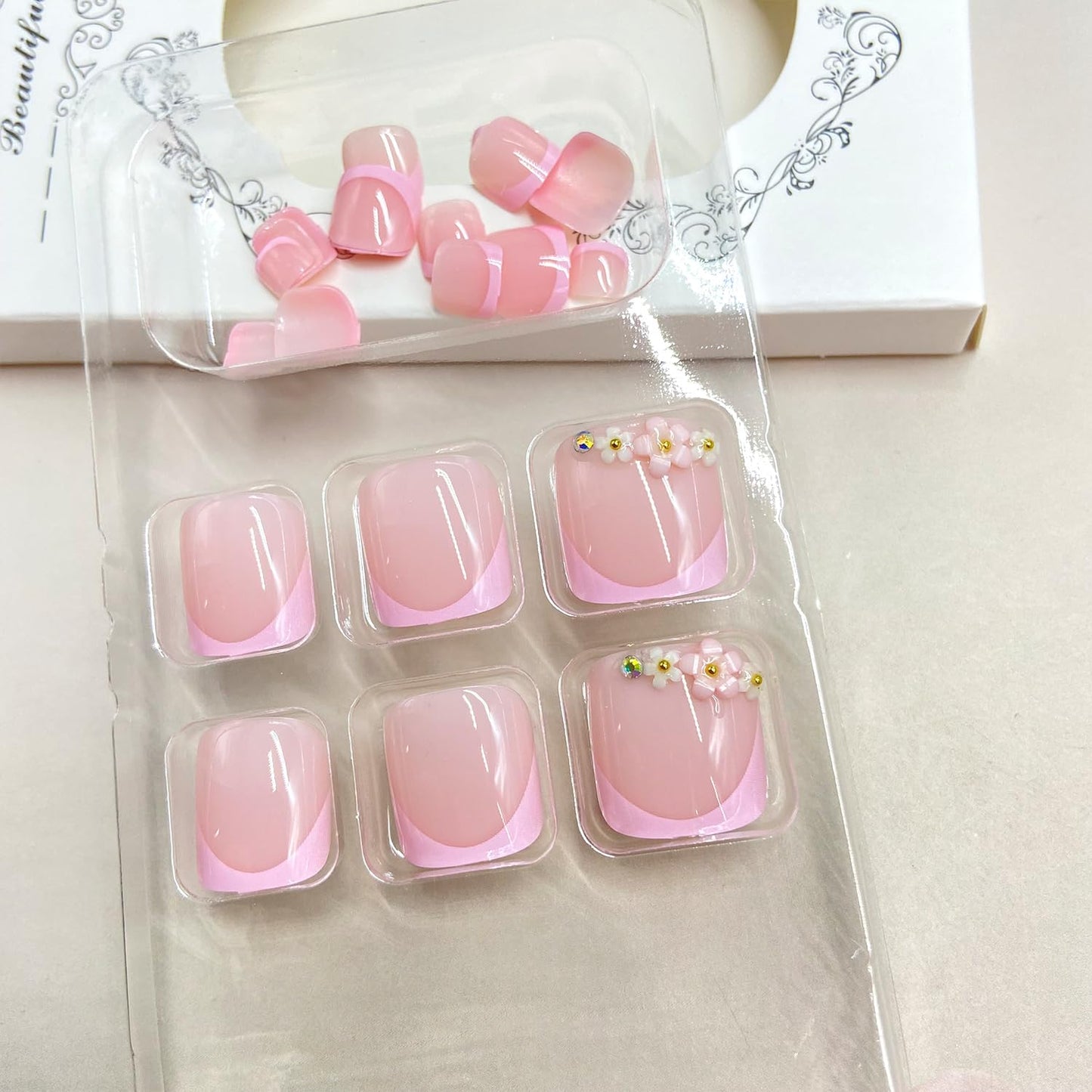 Pink French Tip Press on Toenails Summer False Toenails Cute 3D Flower Toe Nails Reusable Full Cover Toe Nails for Women