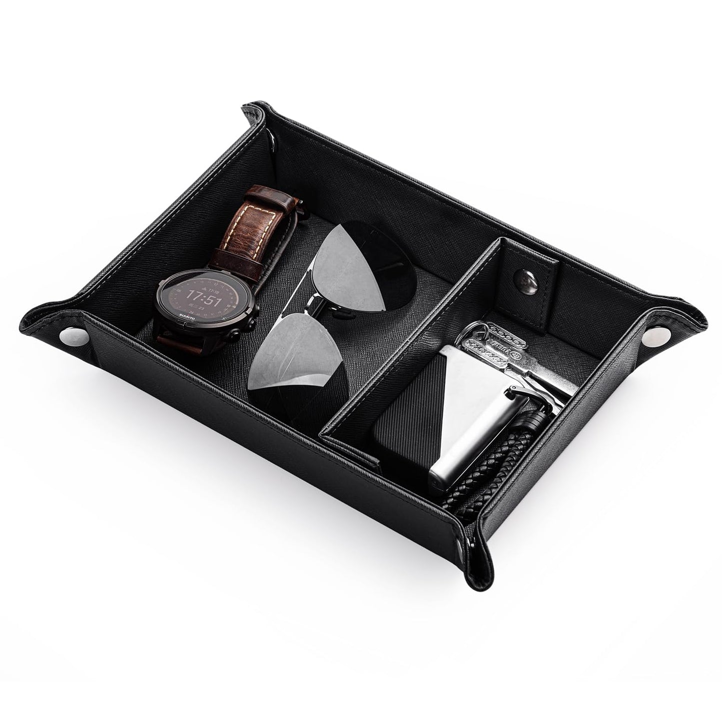 BONNY DODO Valet Tray for Men PU Leather Tray Organizer with Partition, Storage Keys, Watch & Practical Storage for Table Nightstand Living Room Bedroom (Black)