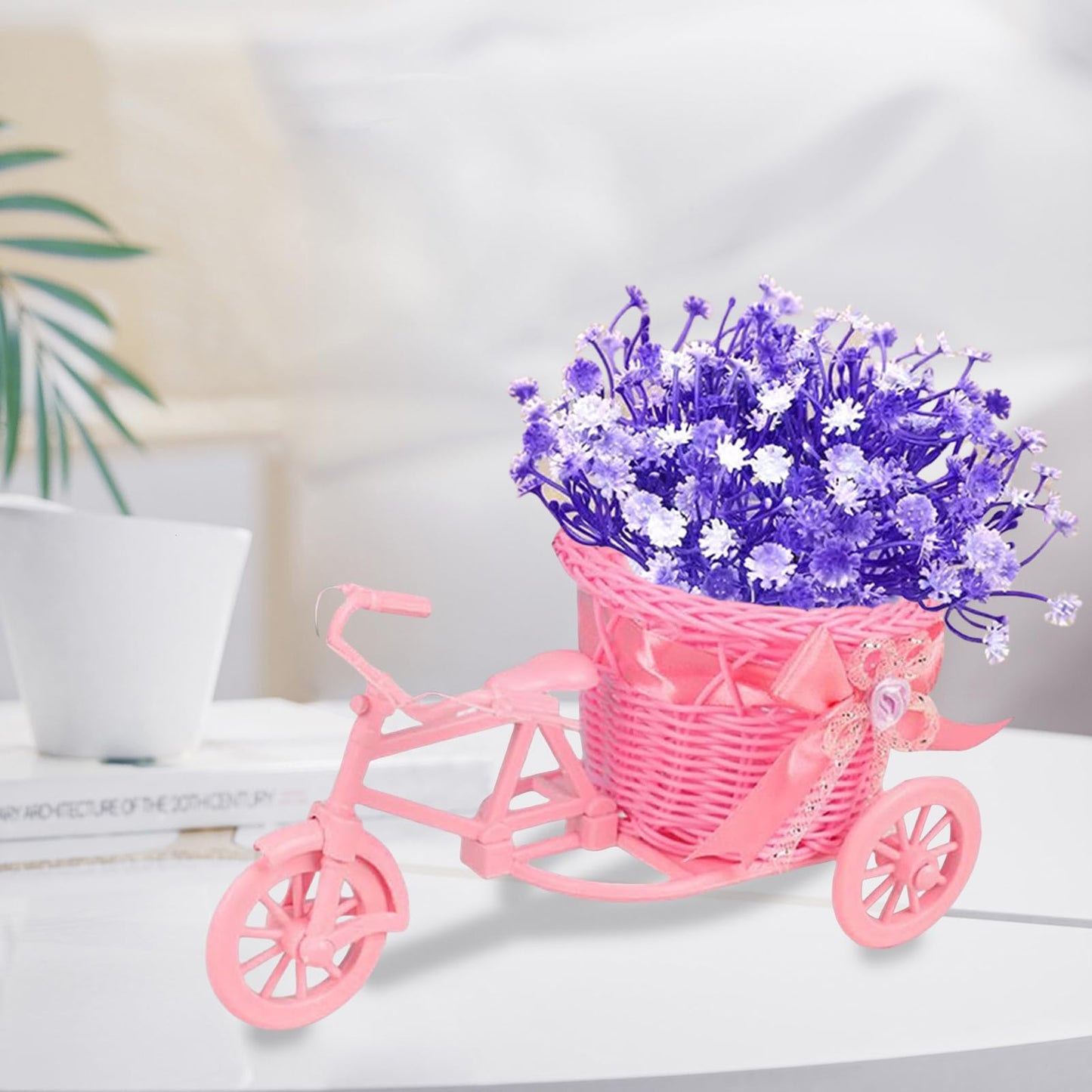 Bicycle Artificial Woven Flower Basket Tricycle Planter Decorative Nostalgic Plant Rack Flower Stand for Birthday Home Decor (Pink)