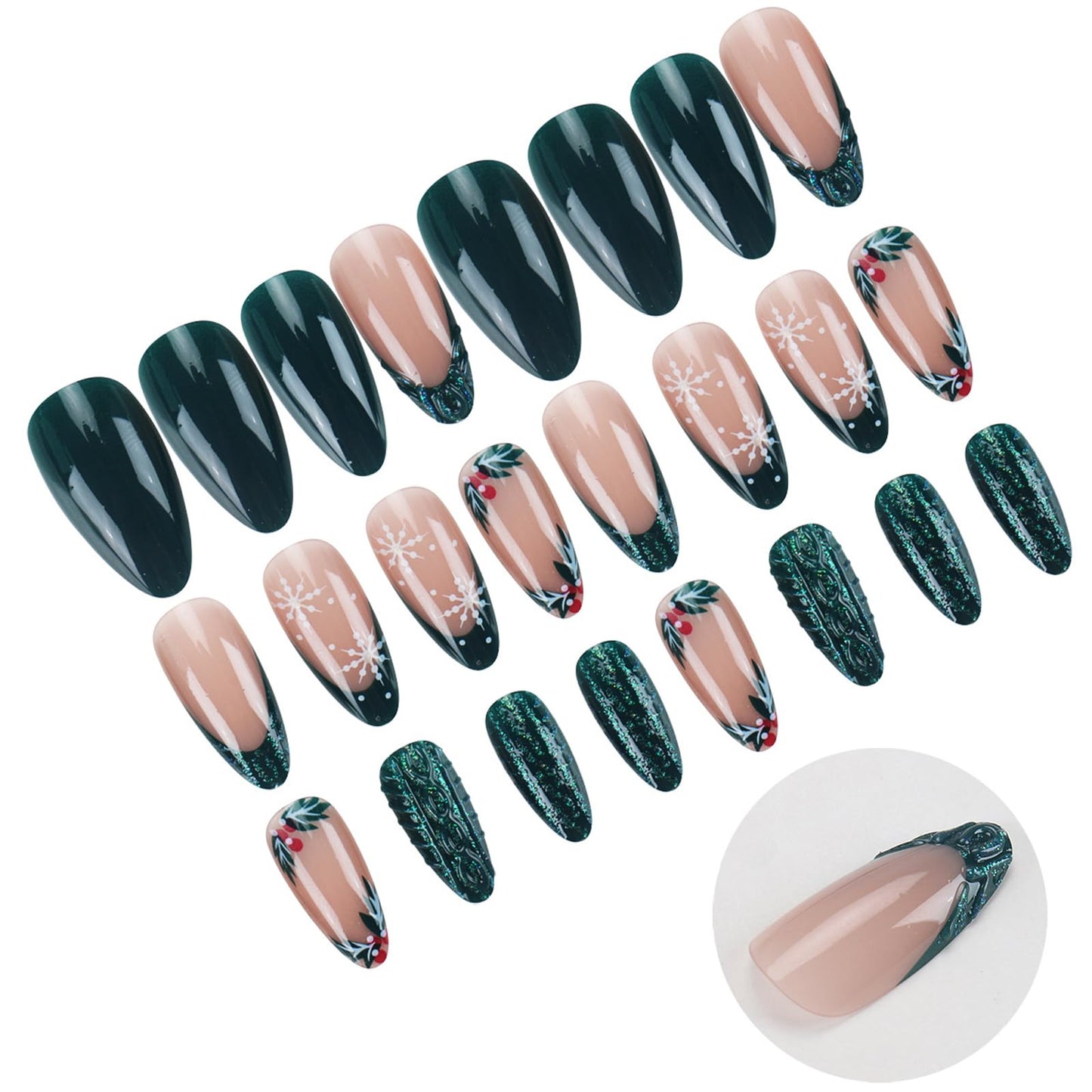 IMRAIN French Tip Press on Nails Medium Almond Fake Nails Green Glitter Acrylic False Nails Full Cover Glossy Stick on Nails for Women