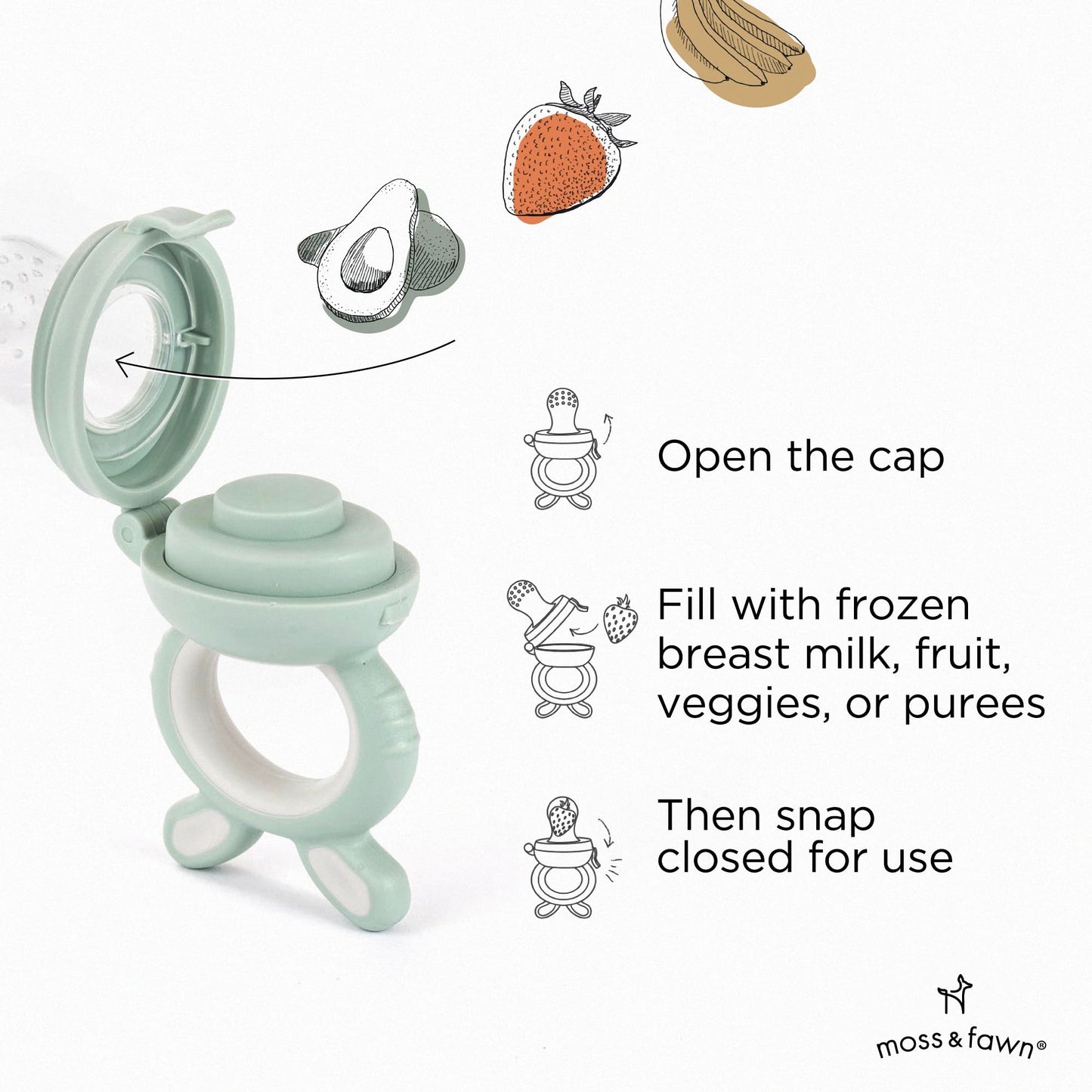 Moss and Fawn Forage Feeder - Baby Fruit Feeder, Frozen Breast Milk Popsicle Teether & Pacifier - BPA, PVC & Phthalate-Free - Fern