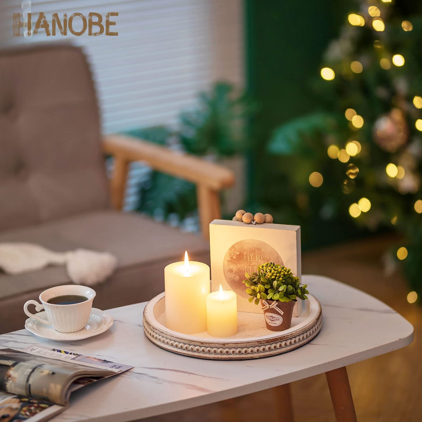 Hanobe Round Wooden Decorative Tray: White Washed Bead Tray Decor for Coffee Table Centerpiece Rustic Farmhouse Tray for Kitchen Counter Living Room Decoration
