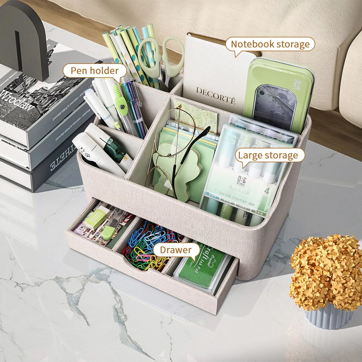 KINGFOM PU Leather Desk Organizer with Drawer, 5 Compartments Desktop Storage Caddy for Office & Home Supplies, Pen Holder for Remote Control, Phone & Accessories, Mail Organizer Countertop(Beige)