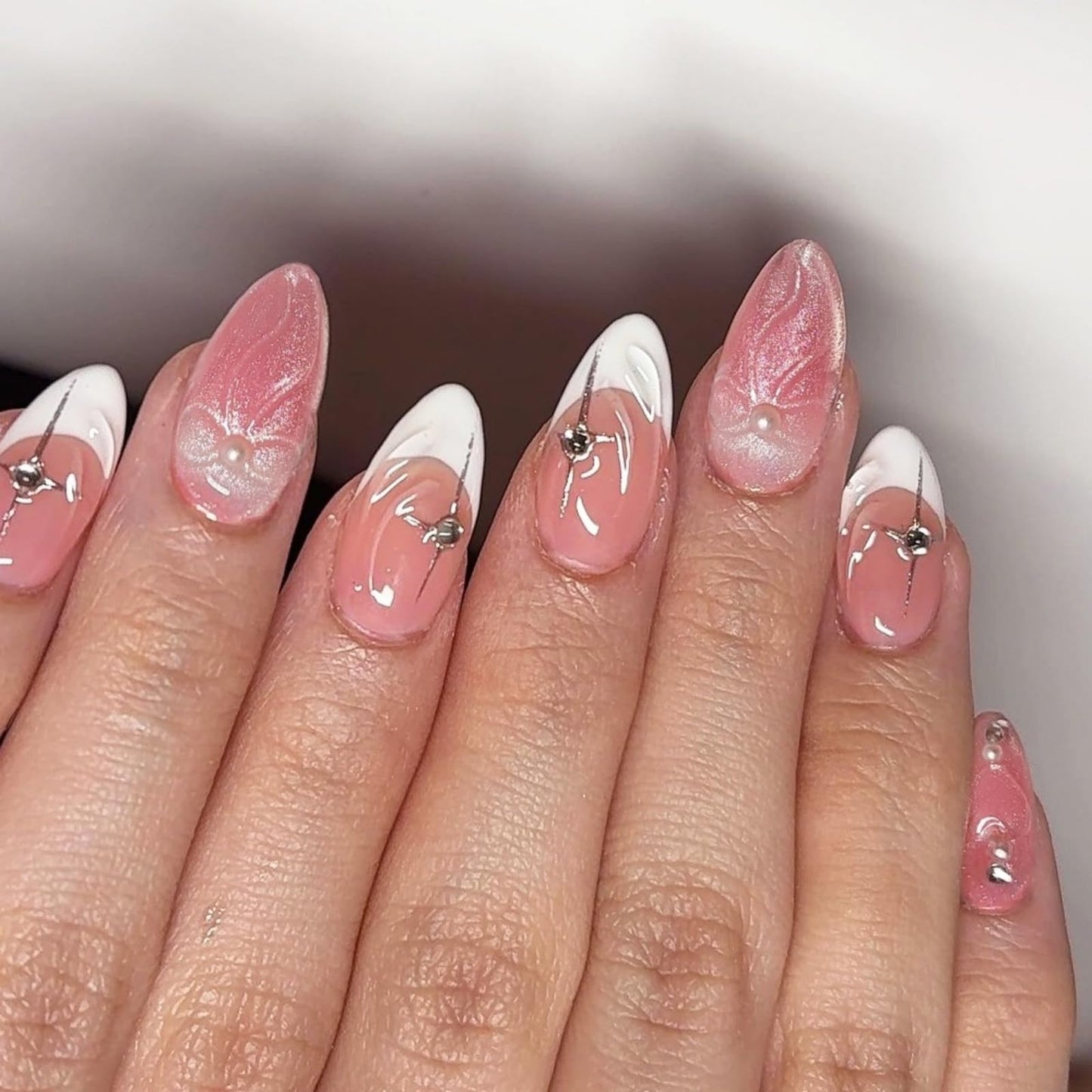 Octoswave Medium Press on Nails Almond Fake Nails French Tip Pearl Artificial Nail 3D Rhinestones Charm Stick on Nail for Women 24pcs