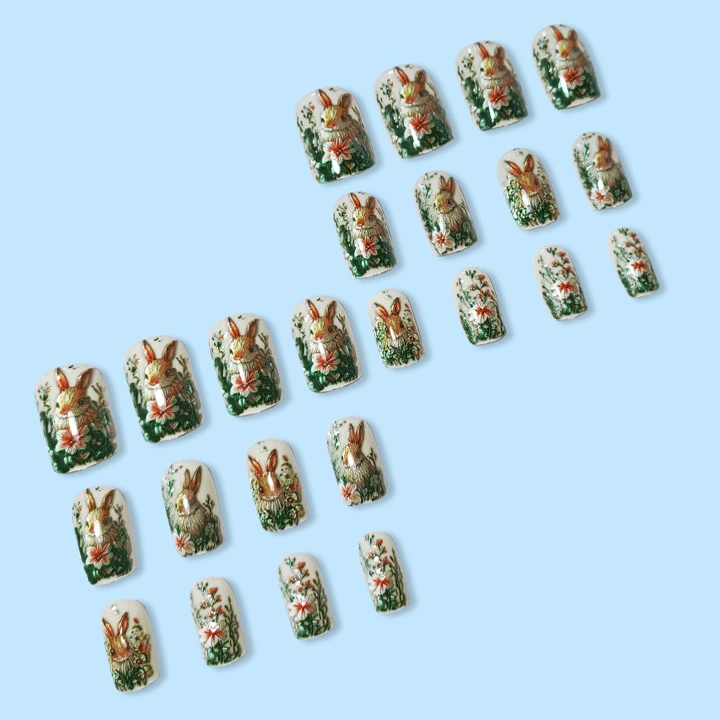 Easter Embossed Press on Nails Medium Square Fake Nails 3D Cute rabbit False Nails Forest Theme Rabbit Acrylic Stick on for Women Girls Easter Manicure Decoration 24Pcs