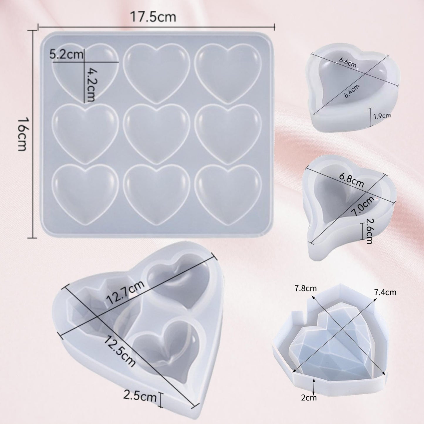 QENEQ Heart Shape Resin Silicone Molds 5 Set 3D DIY Art Shapes Shiny Multifunctional Handmade Tool Agate Jewelry Pendant Home Decor Soap Candle Valentine Gift