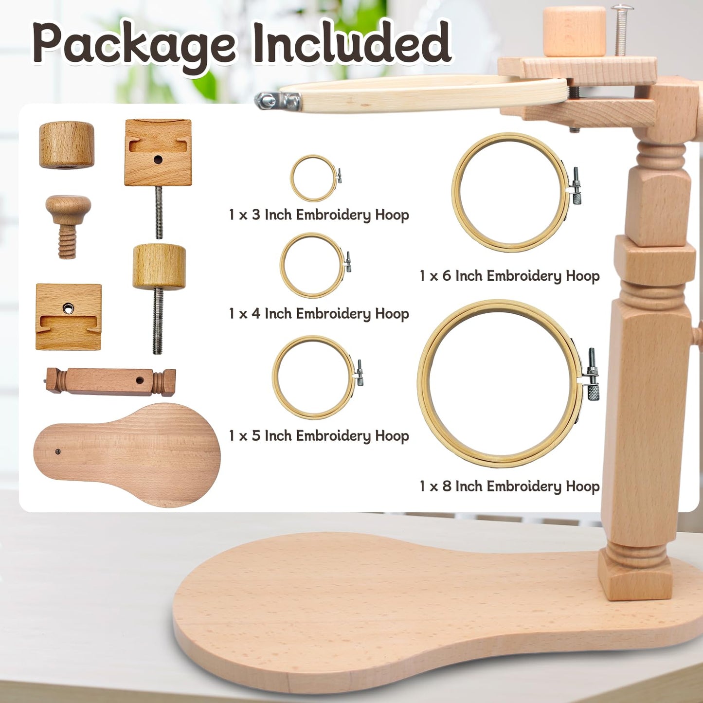 Biaungdo Adjustable Rotated Embroidery Hoop Stand with 5 Pack 5 Sizes Hoop, Wooden Embroidery Holder Frame for Cross Stitch, DIY Craft Sewing Projects