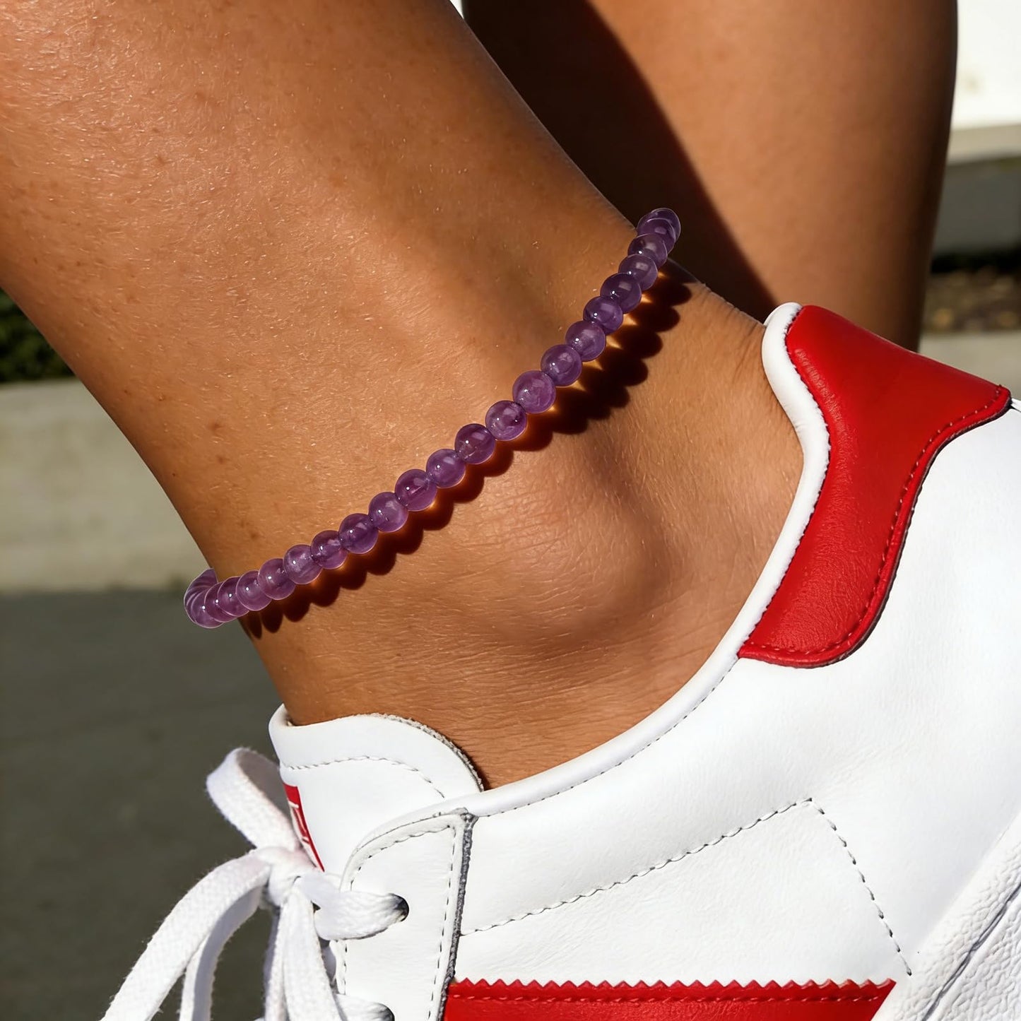 Bolinailo Natural Stone Beaded Anklets for Women, Handmade Boho Amethyst 4mm Crystal Beads Anklet, Gold Chain Adjustable Ankles Bracelet, Beach Summer Jewelry Gift